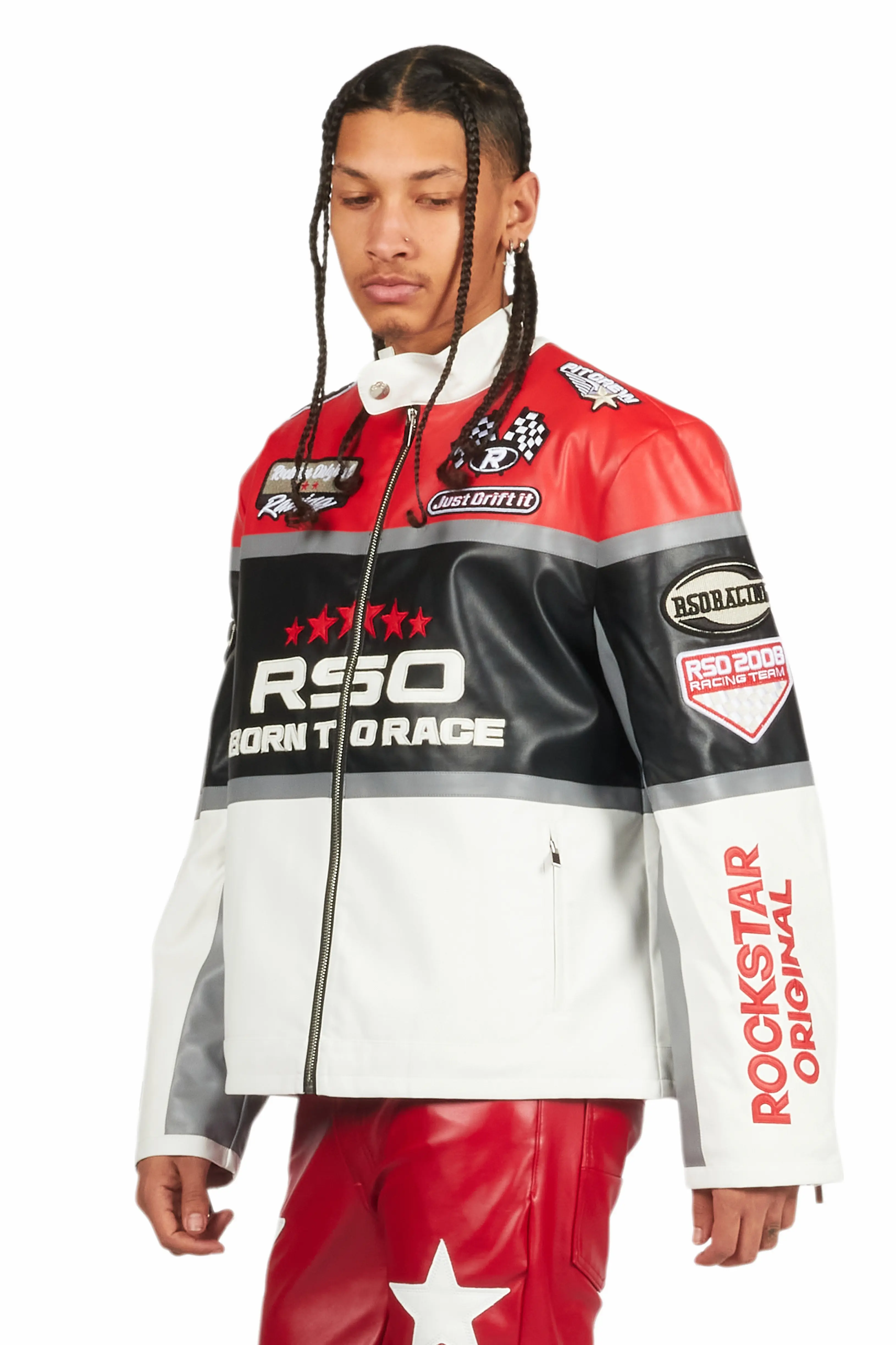 Balint Red/White Leather Moto Jacket - Image 7
