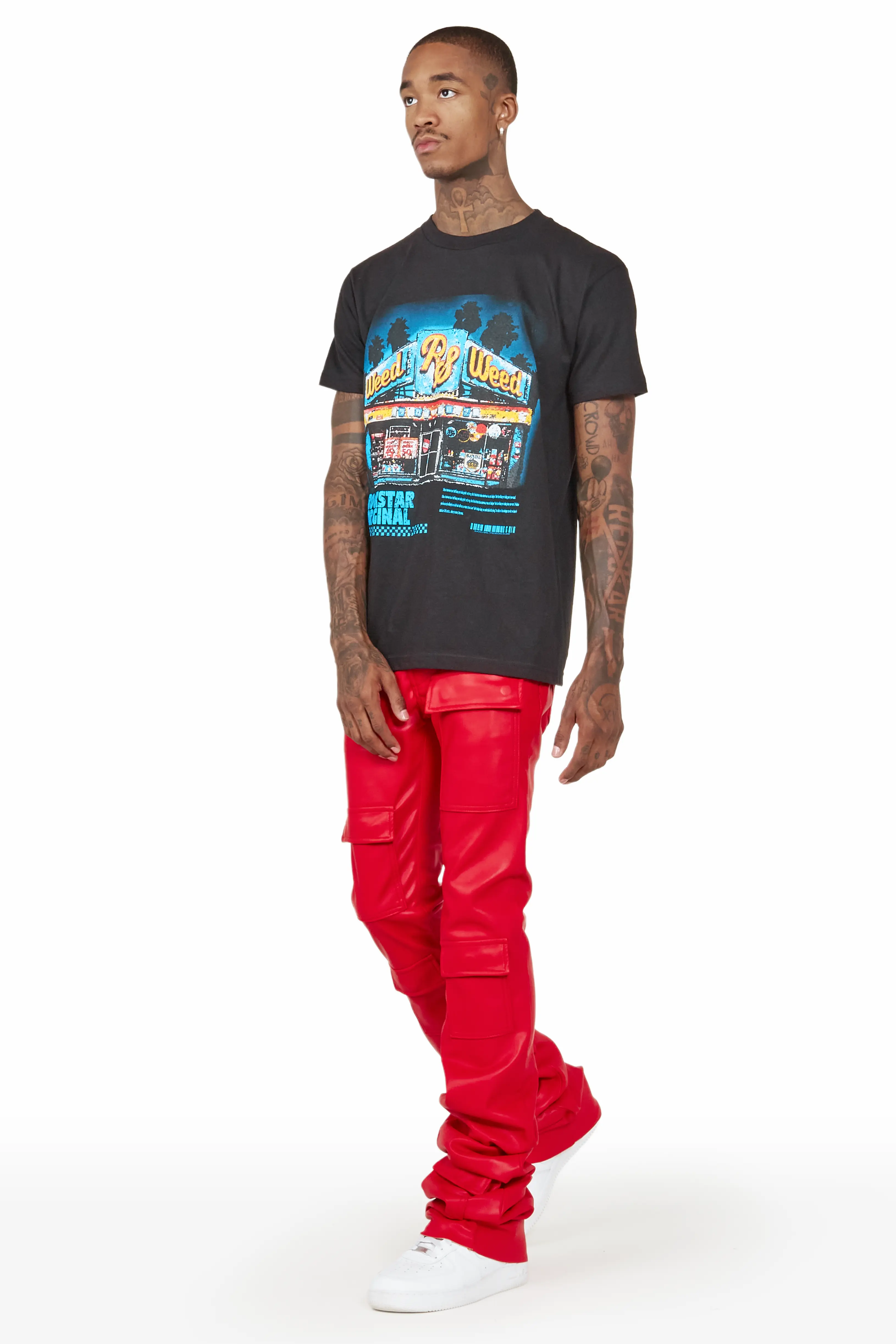 Petrus Red Faux Leather Super Stacked Flare Jean - Image 5