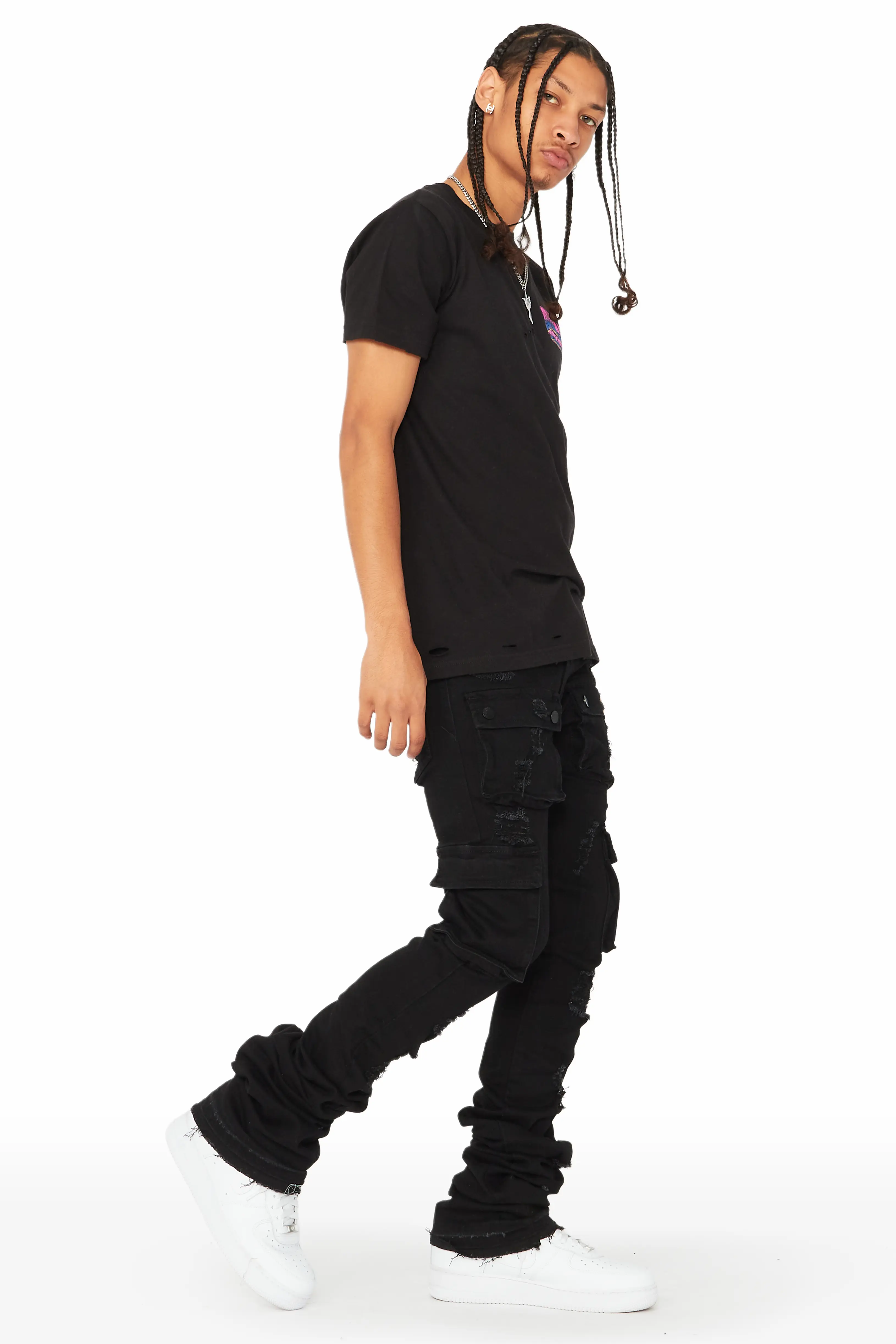 Zaire Black Cargo Super Stacked Flare Jean - Image 5