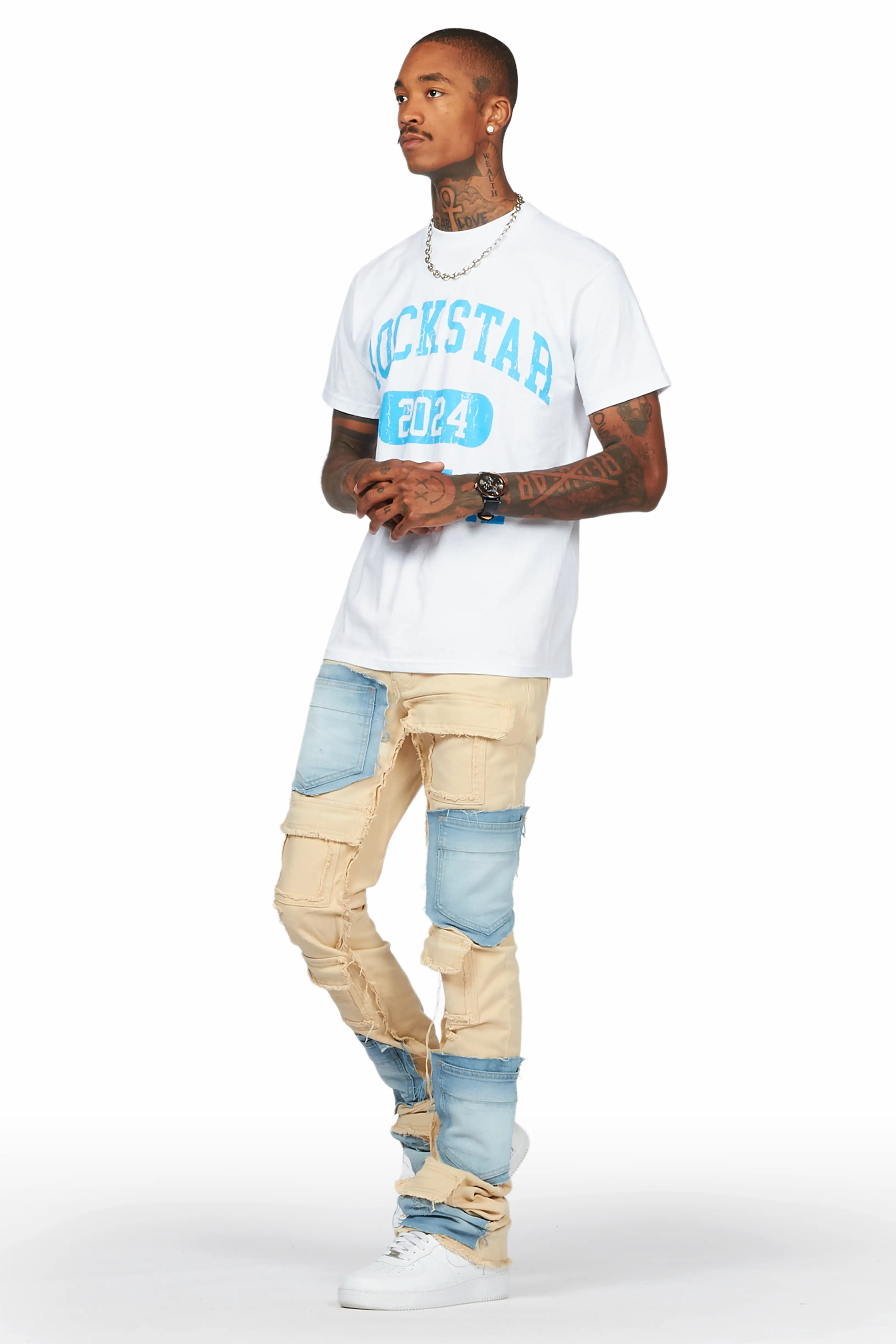 Heath Beige/Blue Patchwork Super Stacked Flare Jean - Image 6