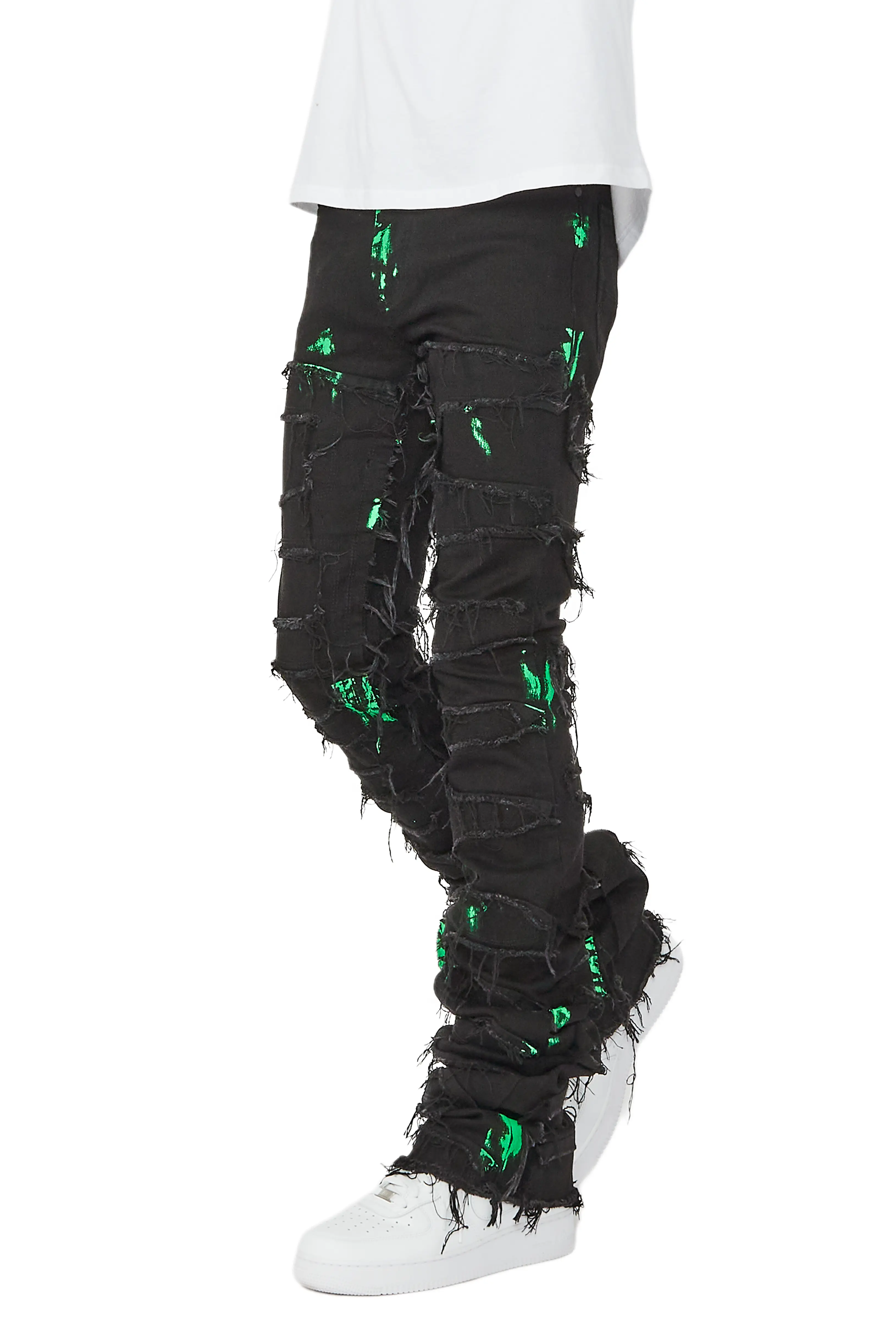 Gideon Black/Green Super Stacked Flare Jean - Image 5