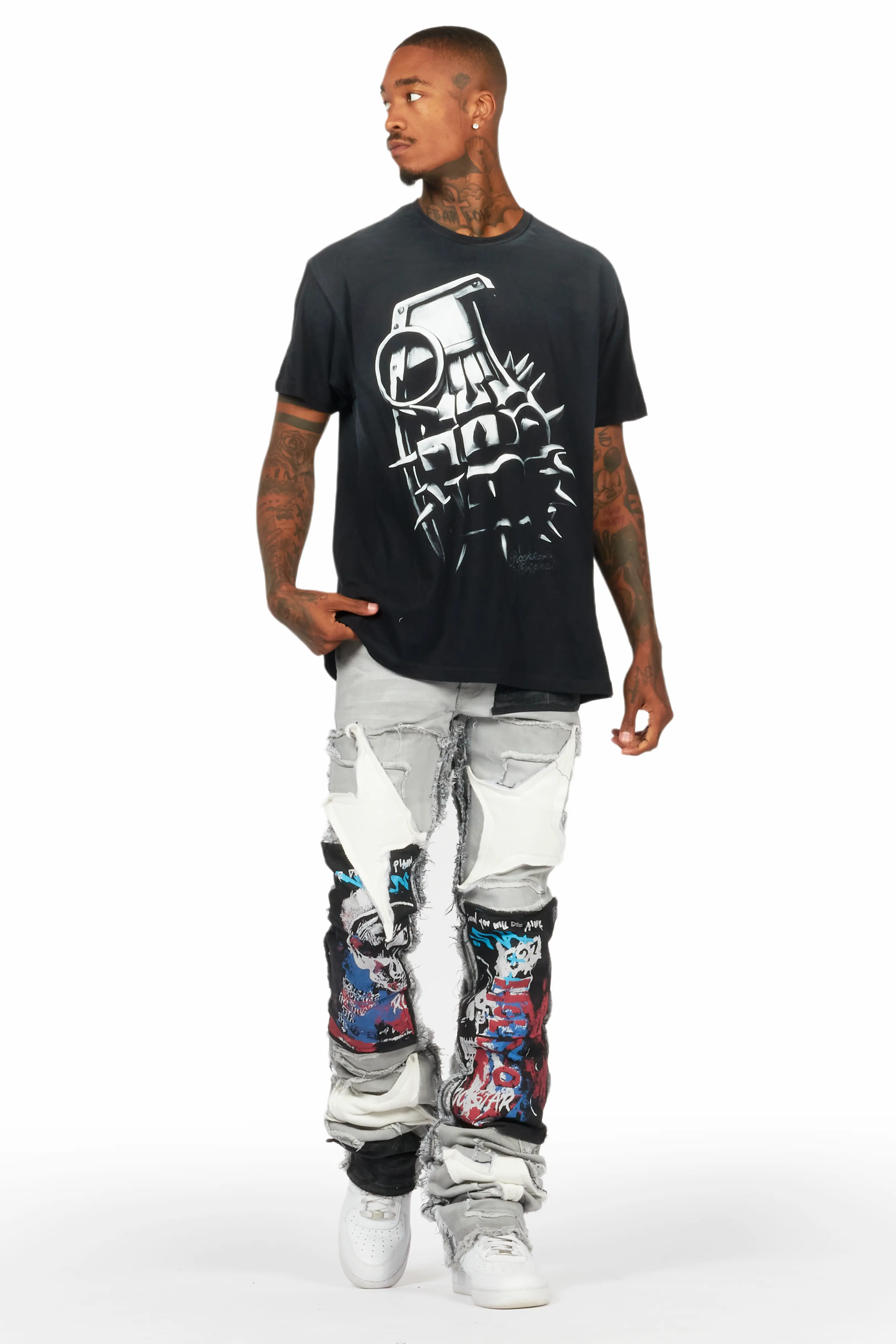 Vinson Dark Grey Patchwork Super Stacked Flare Jean - Image 3