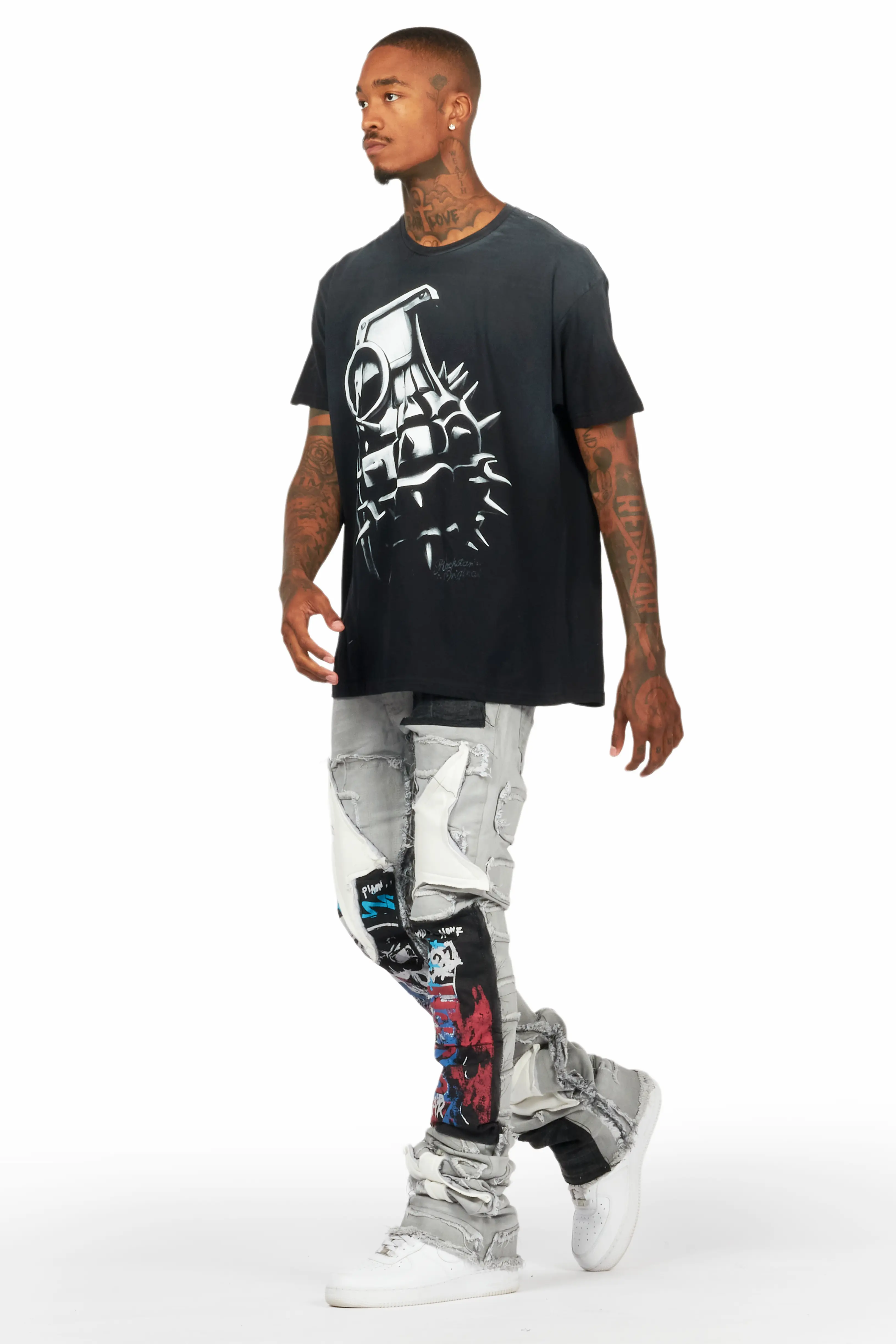 Vinson Dark Grey Patchwork Super Stacked Flare Jean - Image 6