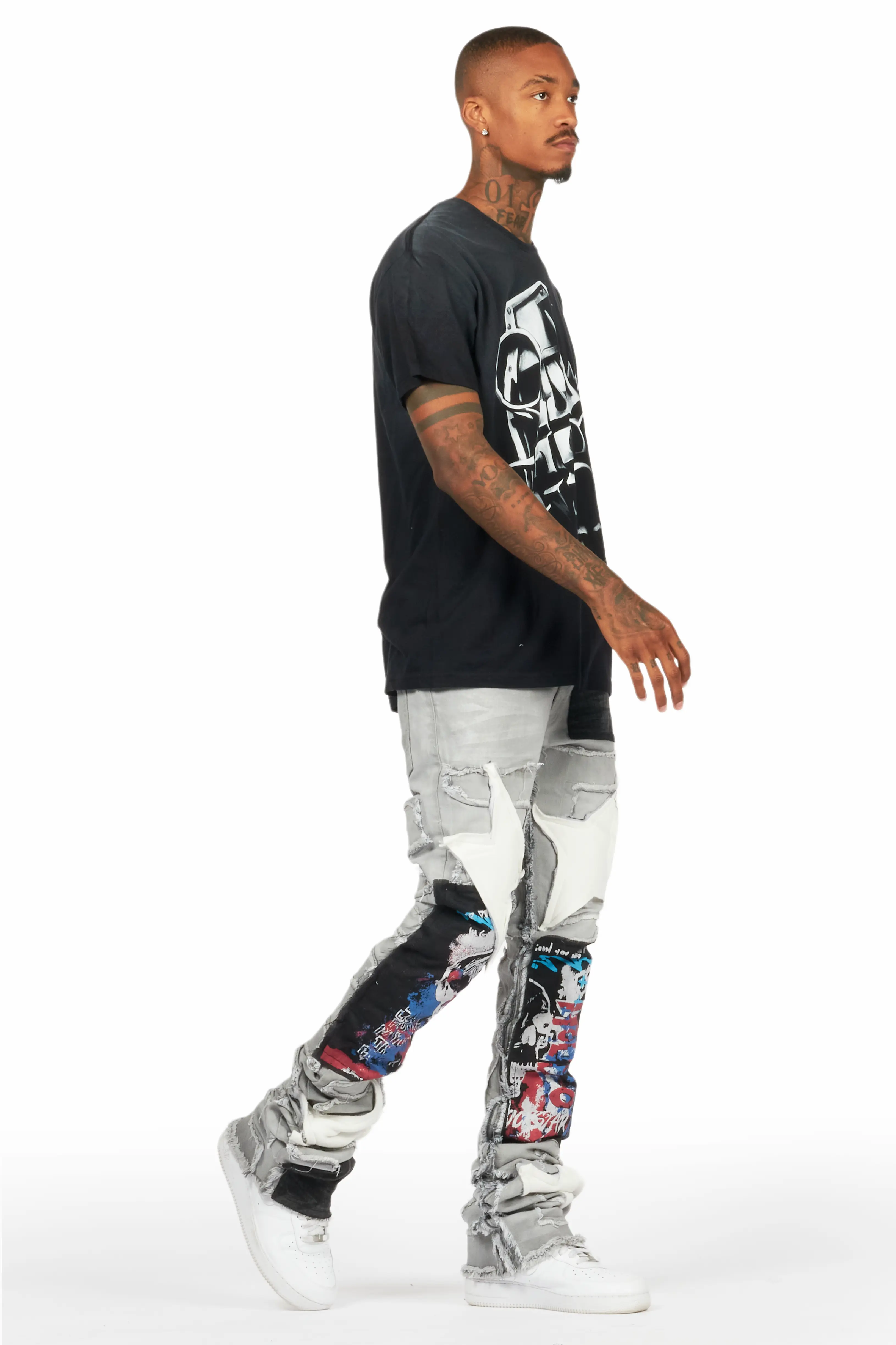 Vinson Dark Grey Patchwork Super Stacked Flare Jean - Image 7