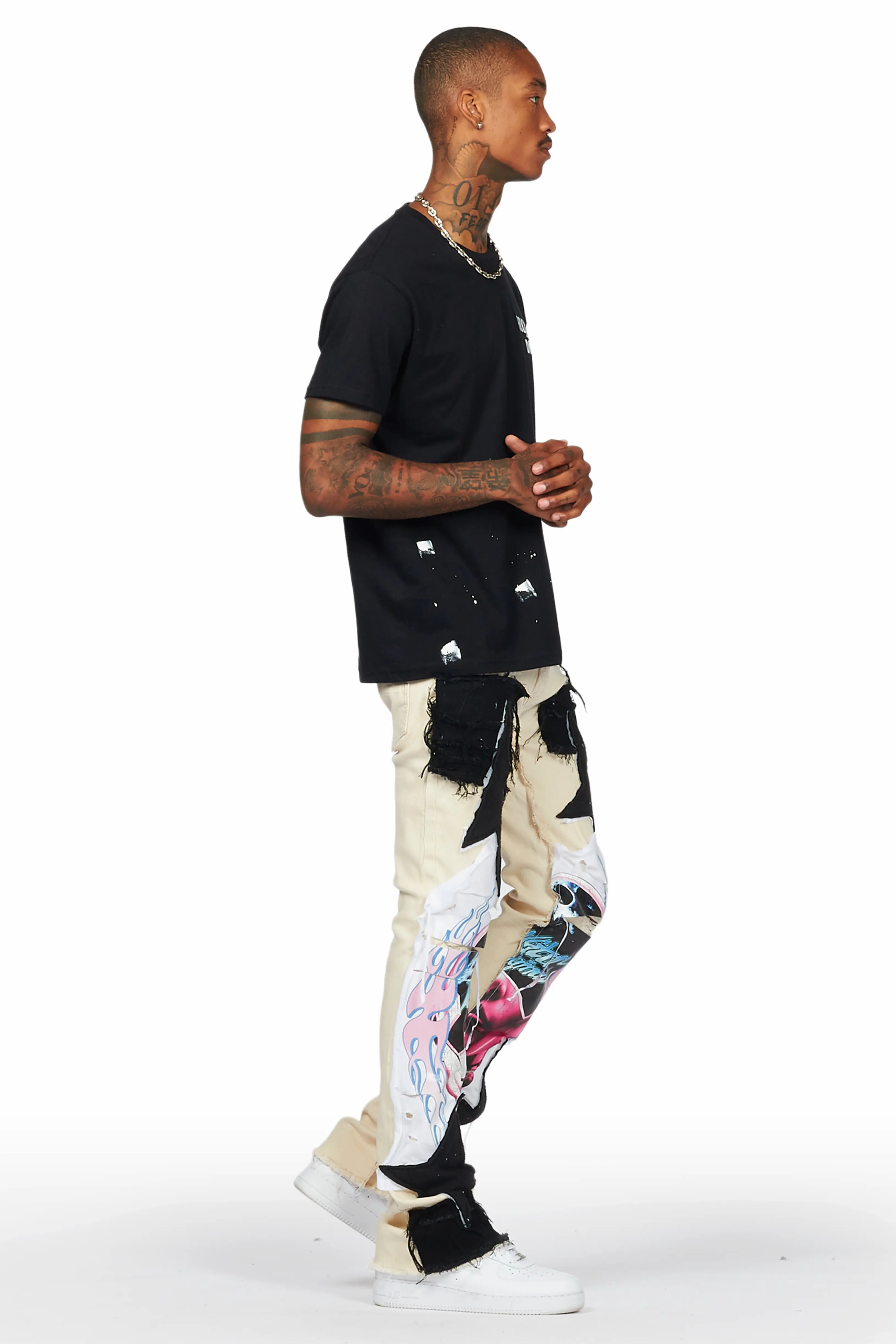 Helios Beige Patchwork Stacked Flare Jean - Image 5