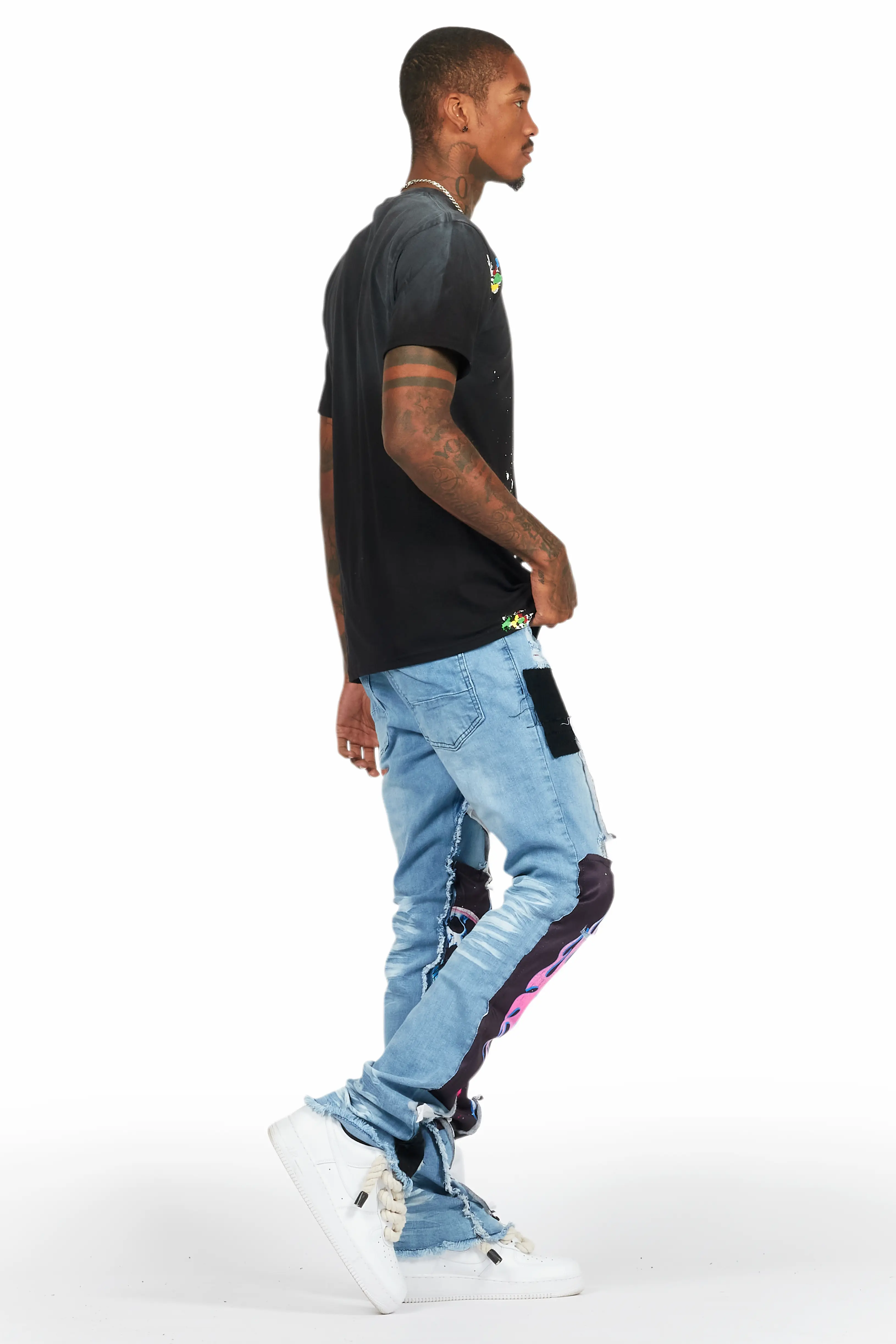 Helios Blue Patchwork Stacked Flare Jean - Image 12