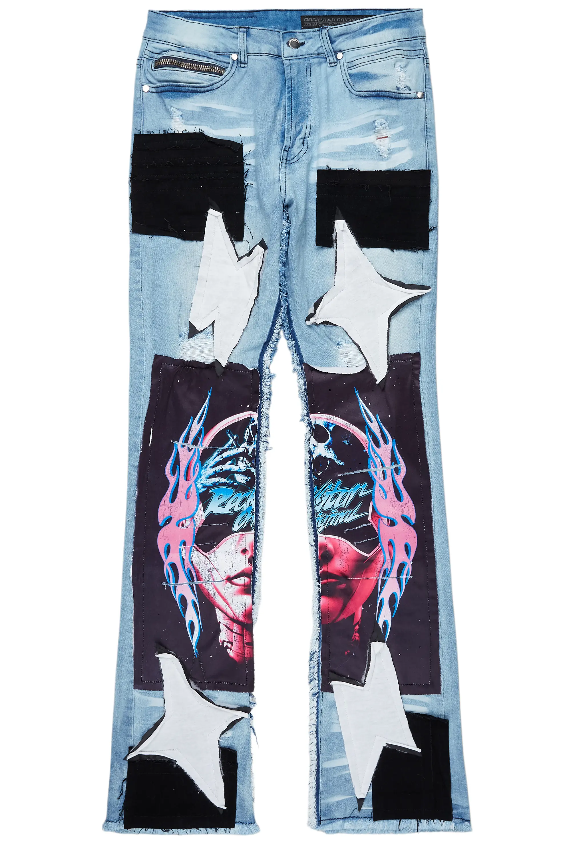 Helios Blue Patchwork Stacked Flare Jean - Image 3