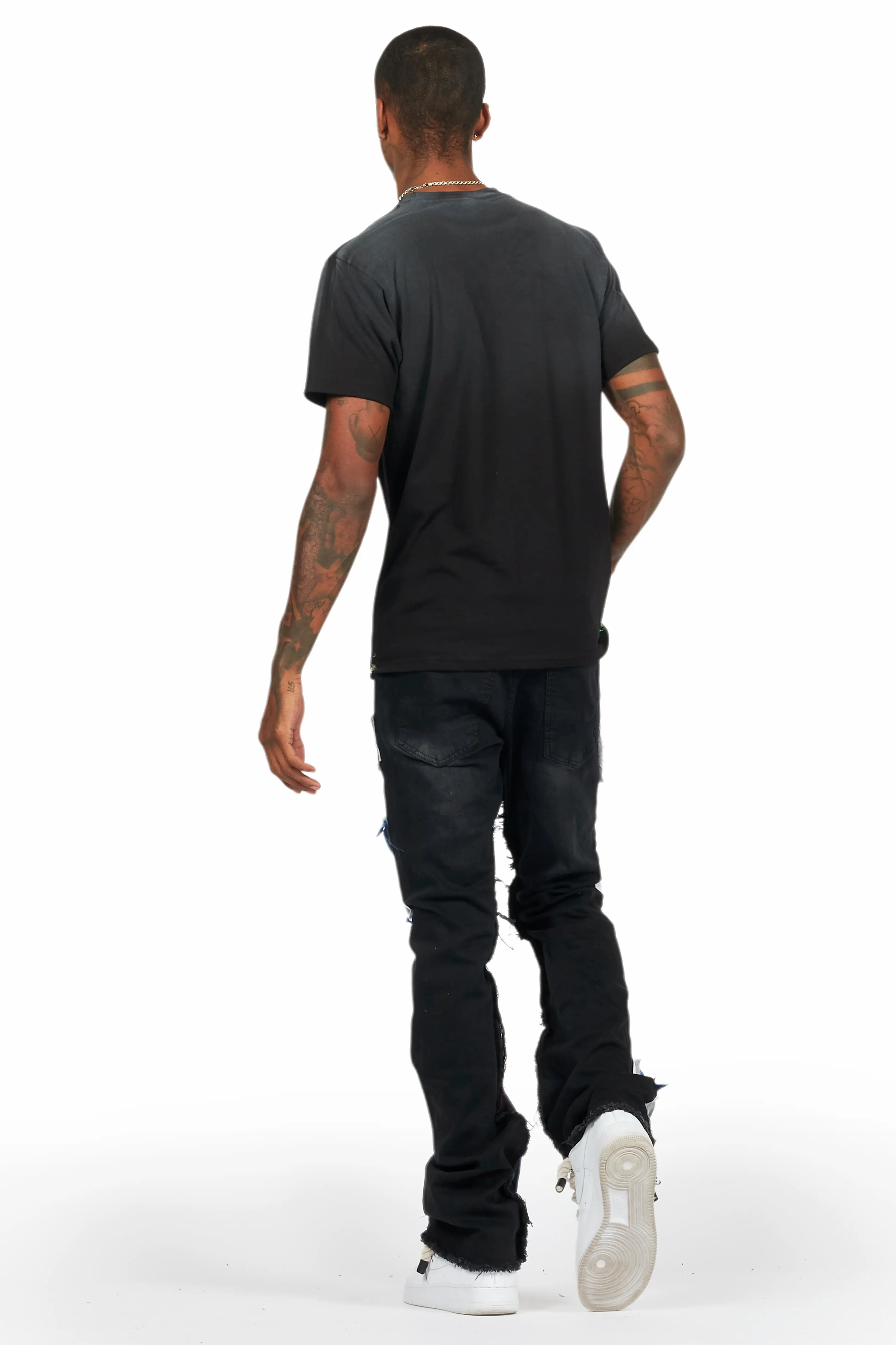Helios Dark Grey Patchwork Stacked Flare Jean - Image 9