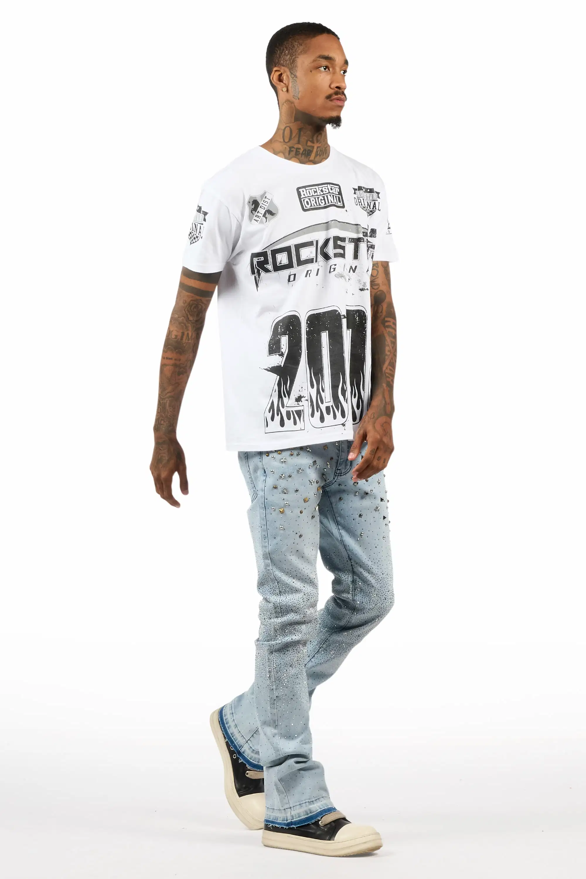 Onyx Light Blue Studded Stacked Flare Jean - Image 4