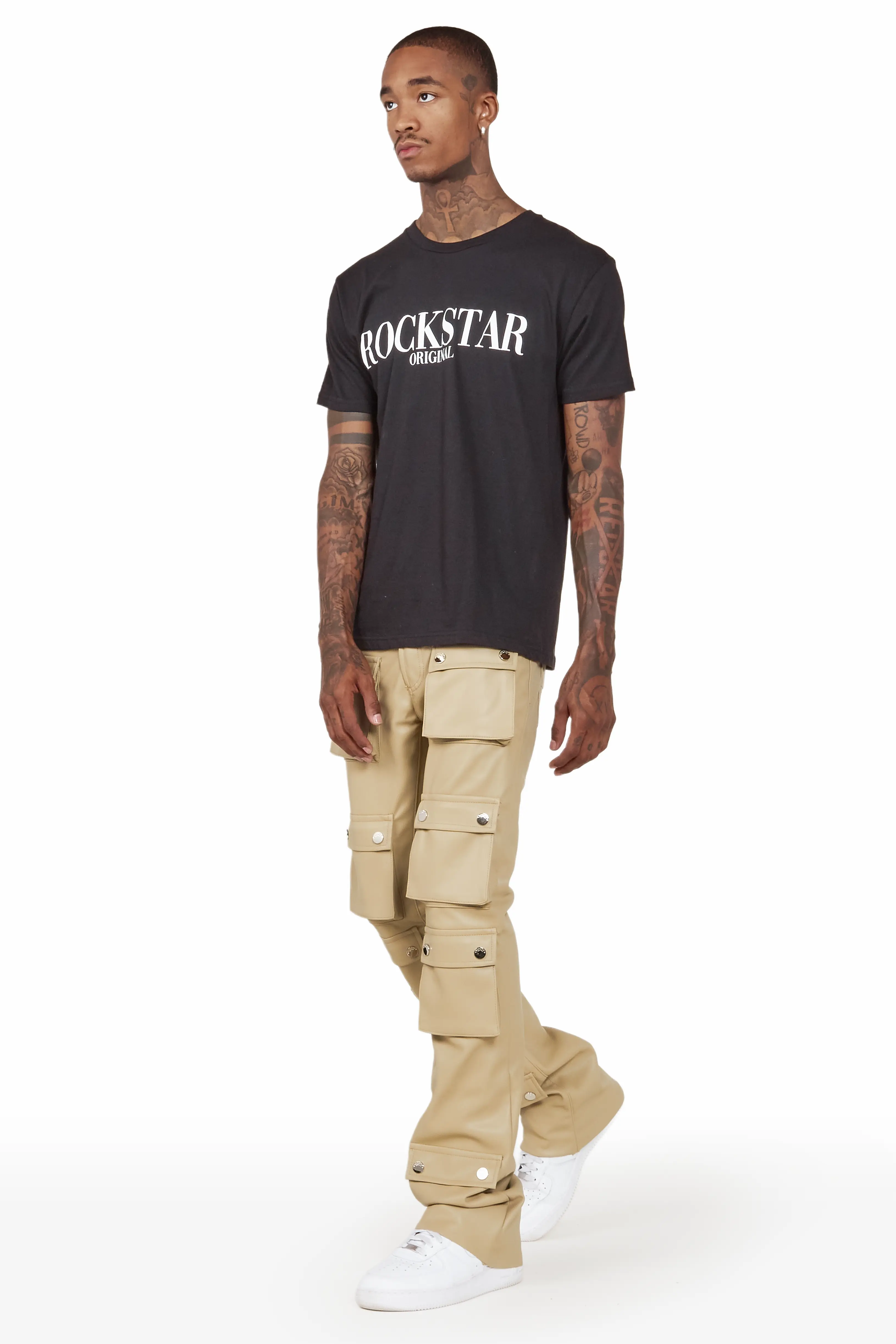 Remi Beige Faux Leather Stacked Flare Jean - Image 5