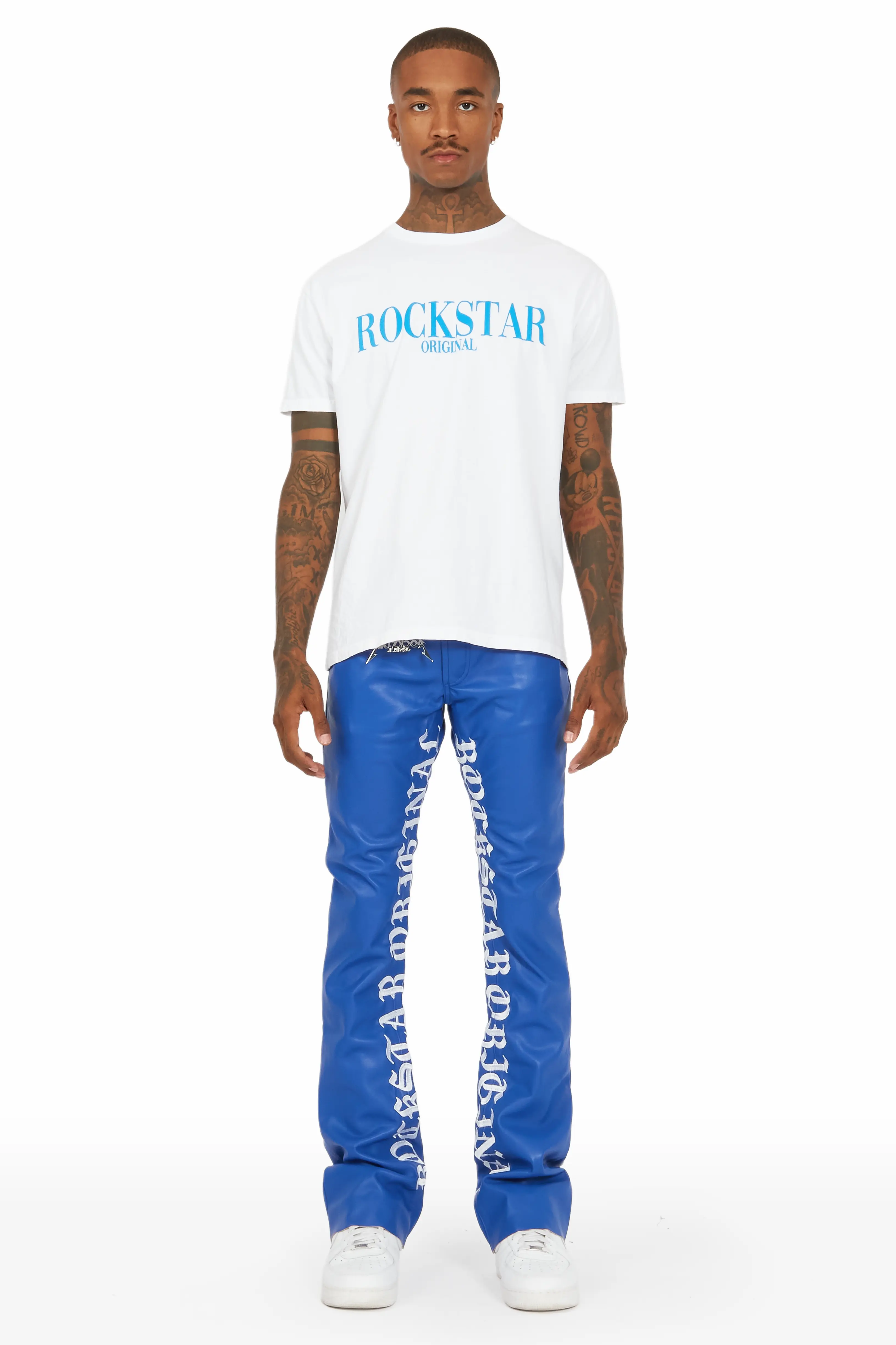 Eliam Blue/White Faux Leather Stacked Flare Jean - Image 3