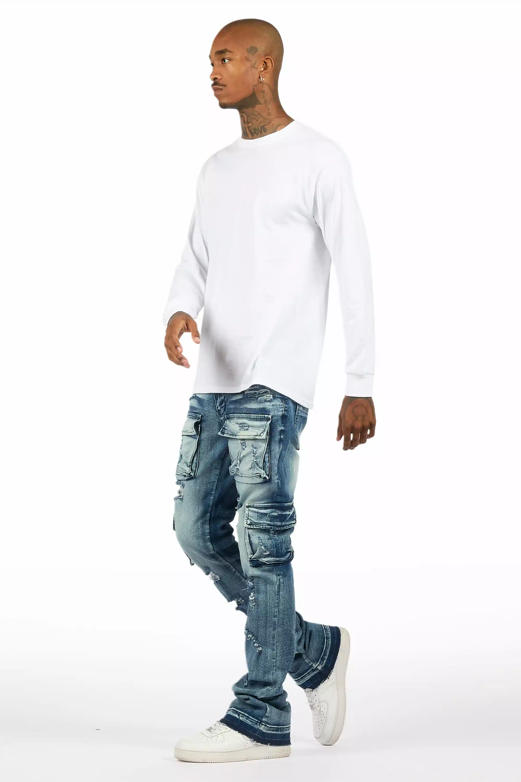 Zaid Dark Blue Stacked Flare Jean - Image 7