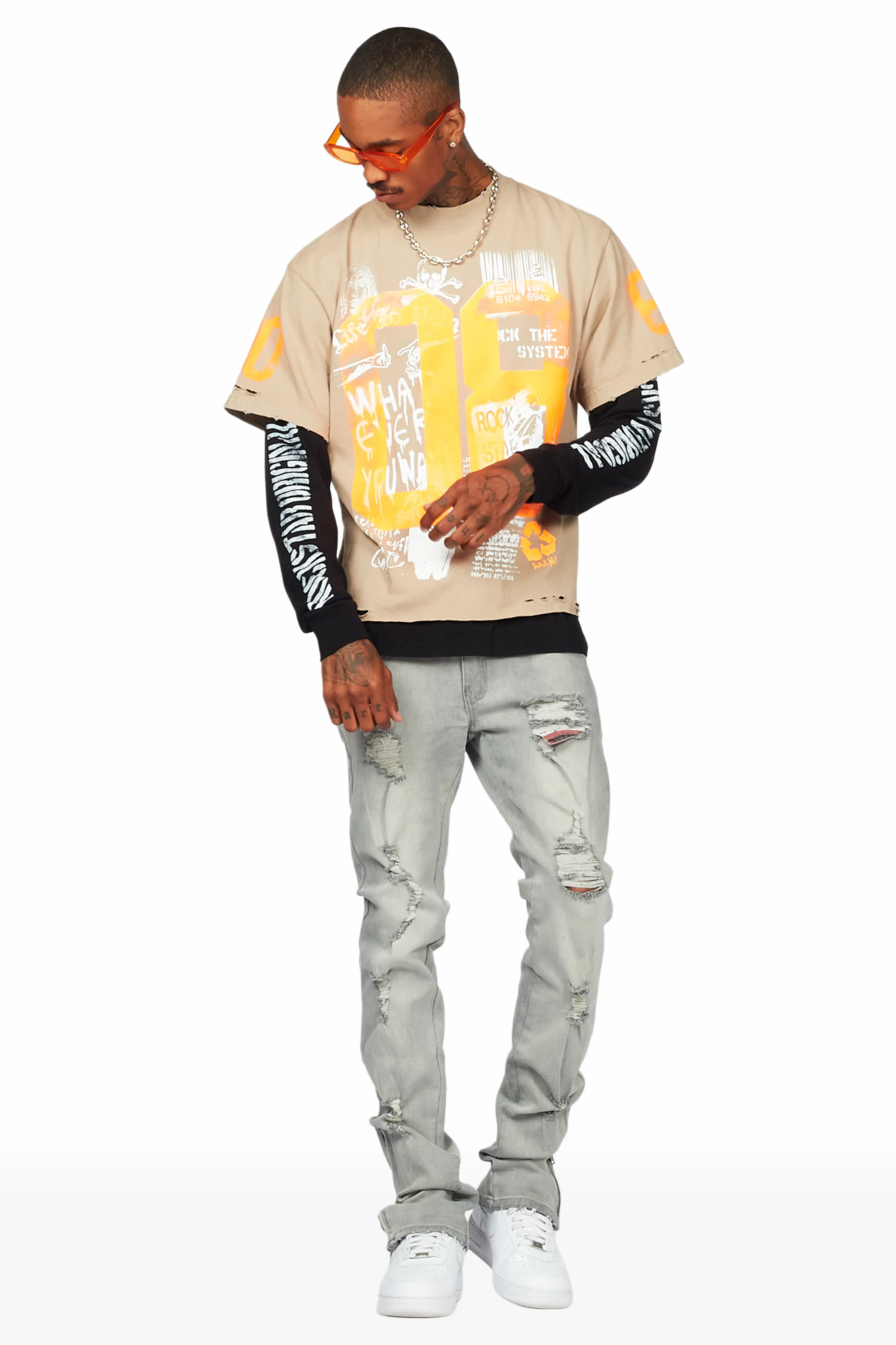 Ezio Light Grey Stacked Flare Jean - Image 2
