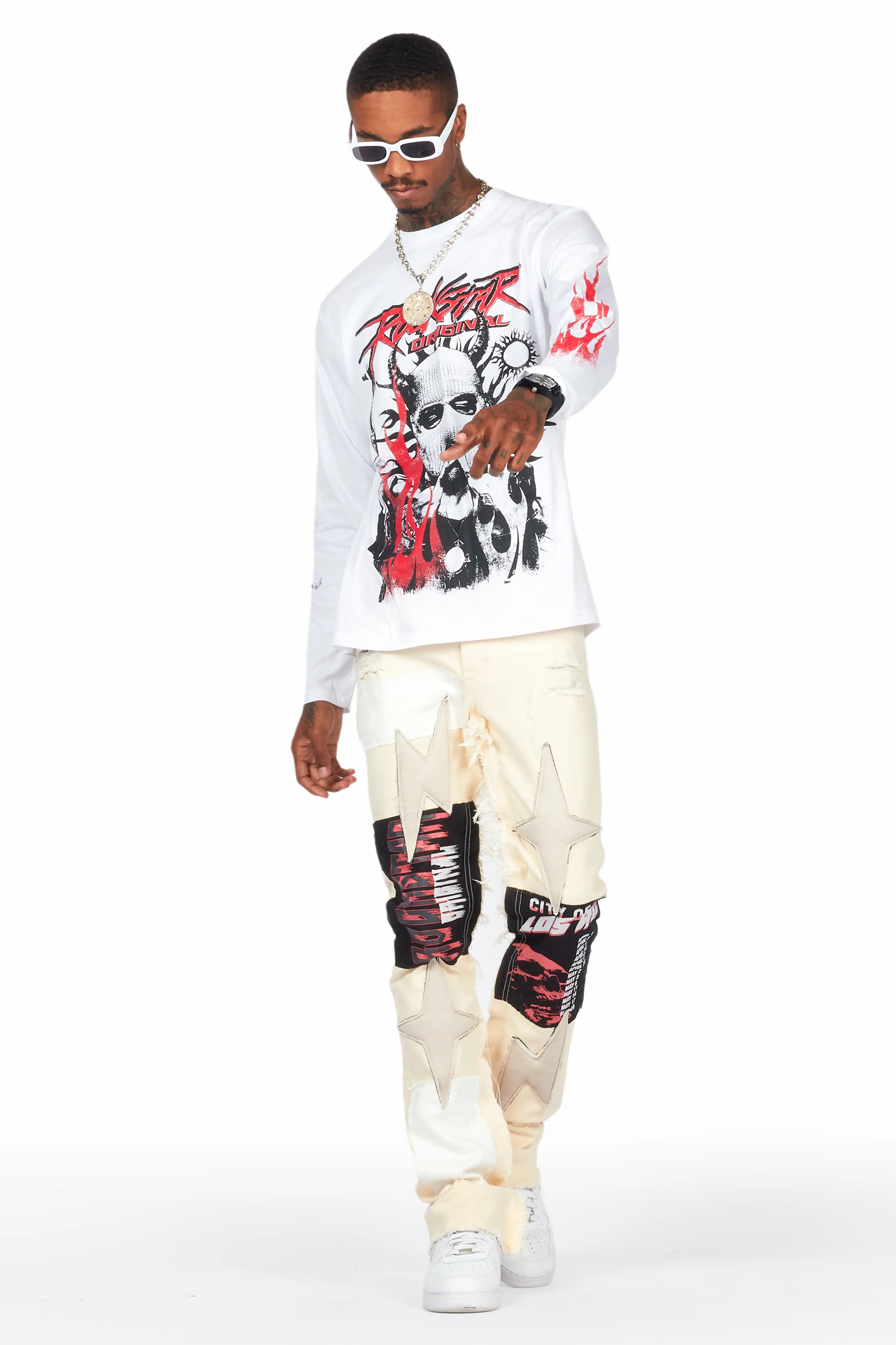 Rhys Beige Patchwork Stacked Flare Jean - Image 8
