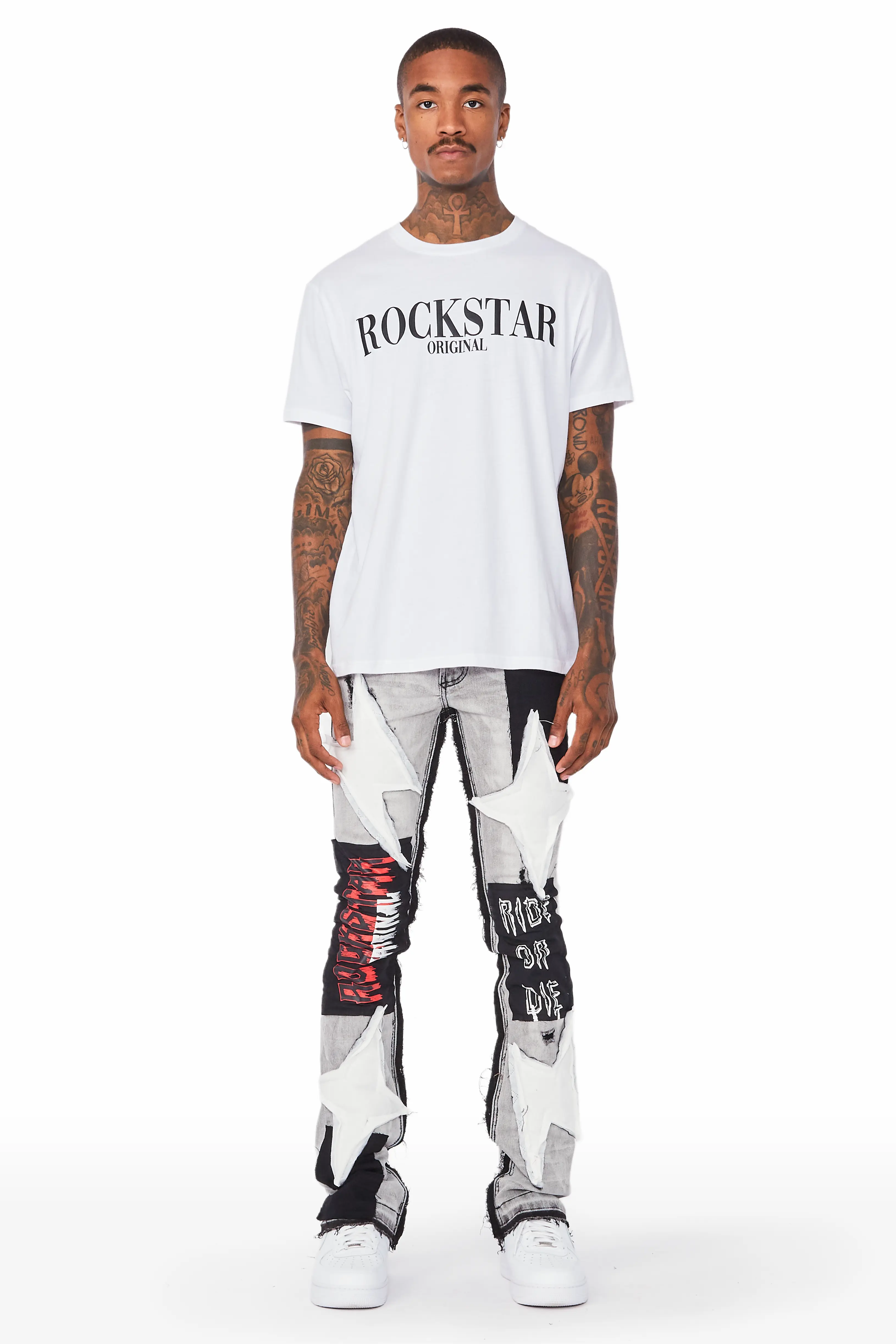 Rhys Light Grey Patchwork Stacked Flare Jean - Image 3