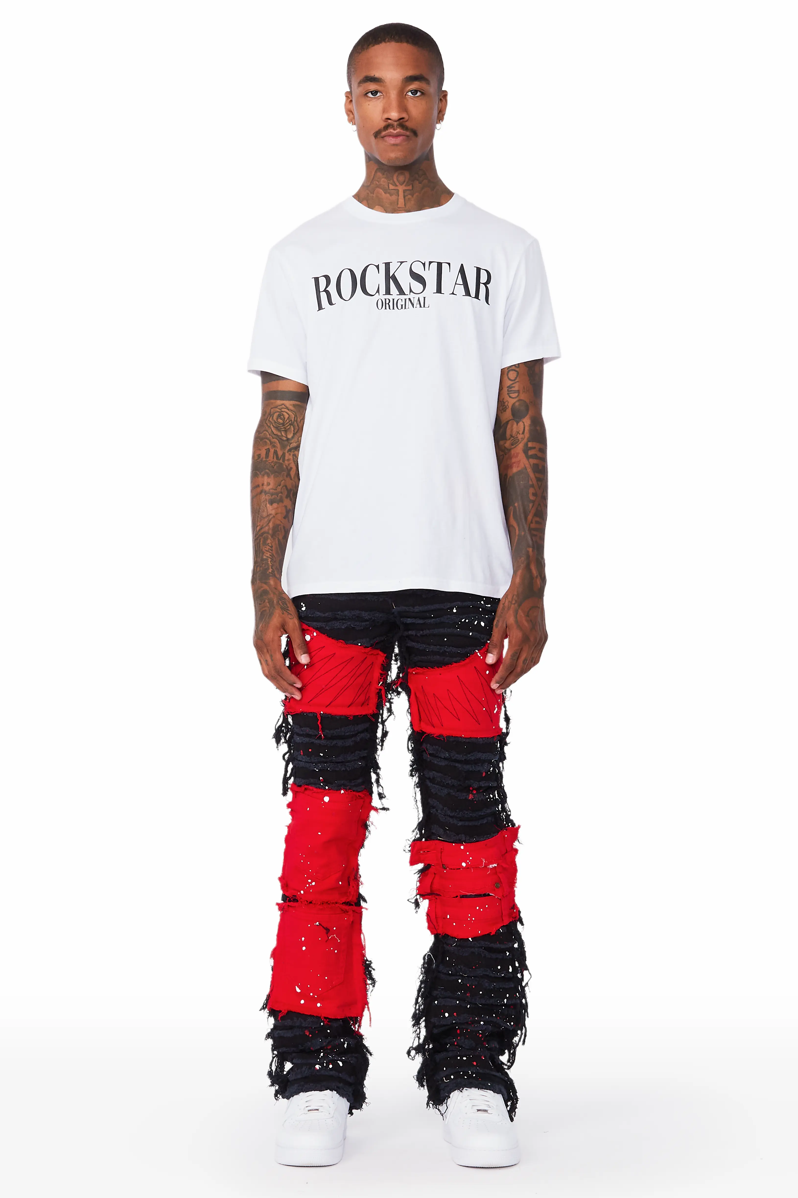Vadim Black/Red Patchwork Stacked Flare Jean - Image 3