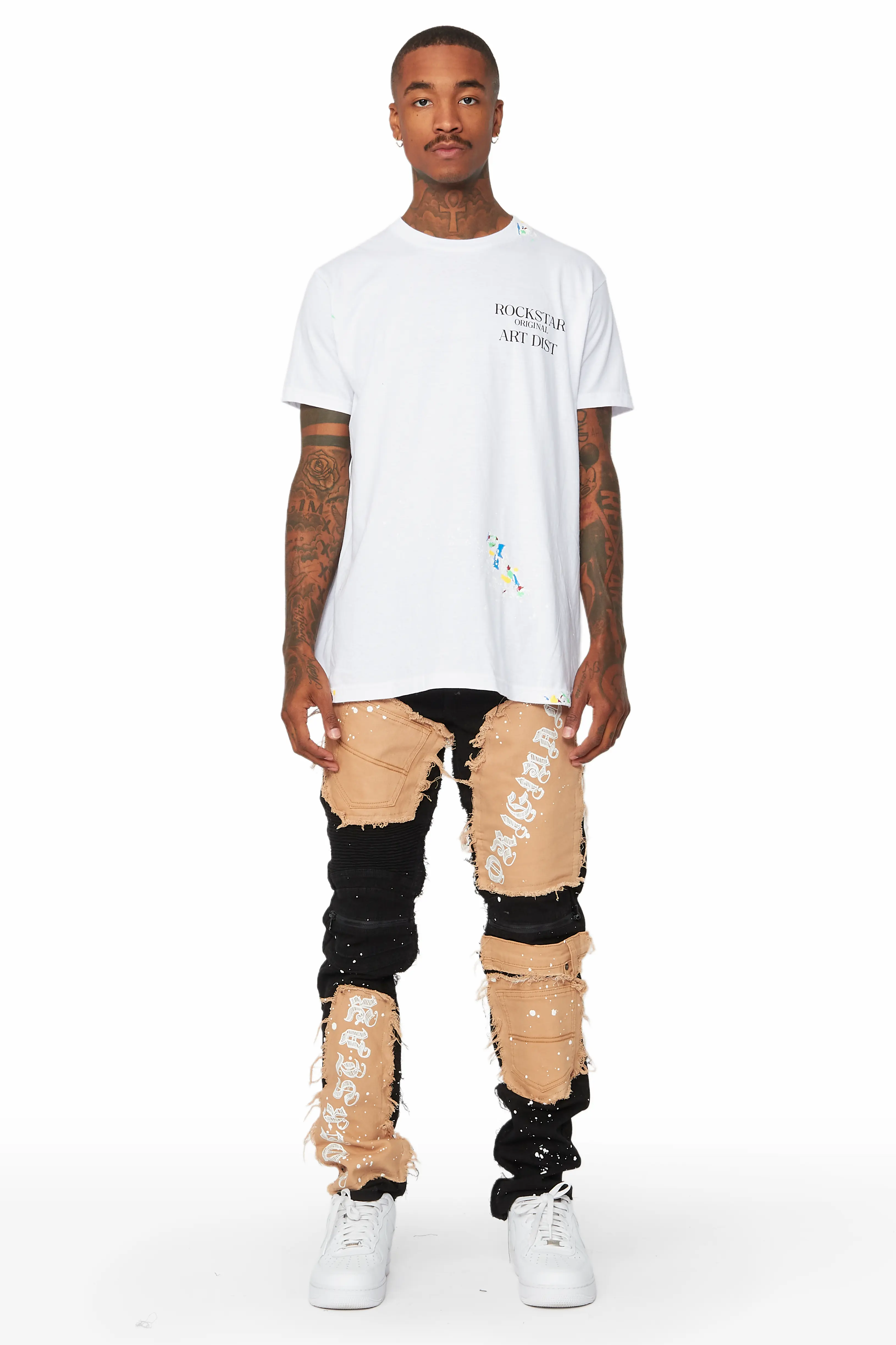 Cosmo Black/Beige Patchwork Biker Jean - Image 2