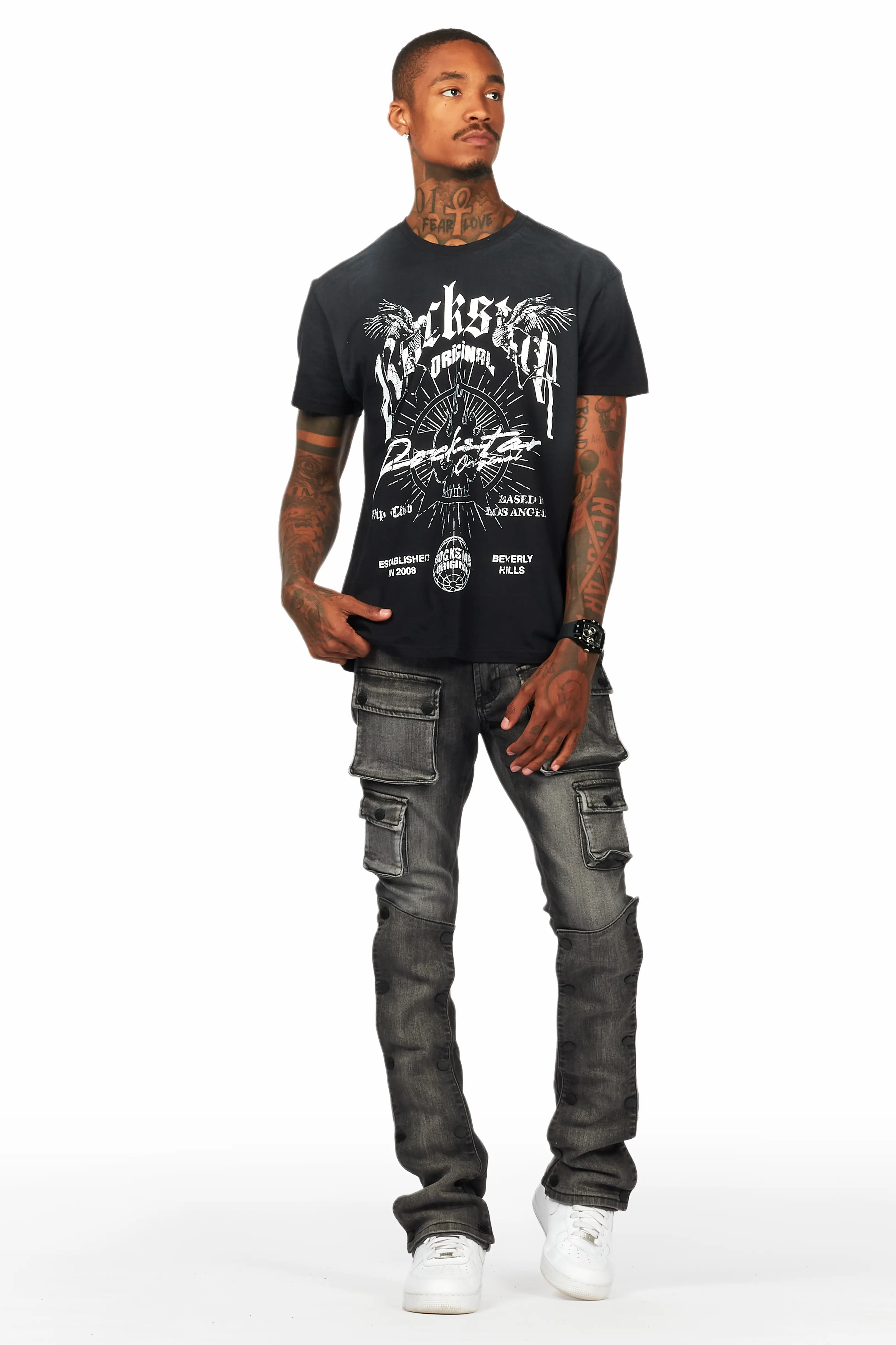 Santana Dark Grey Stacked Flare Jean - Image 8