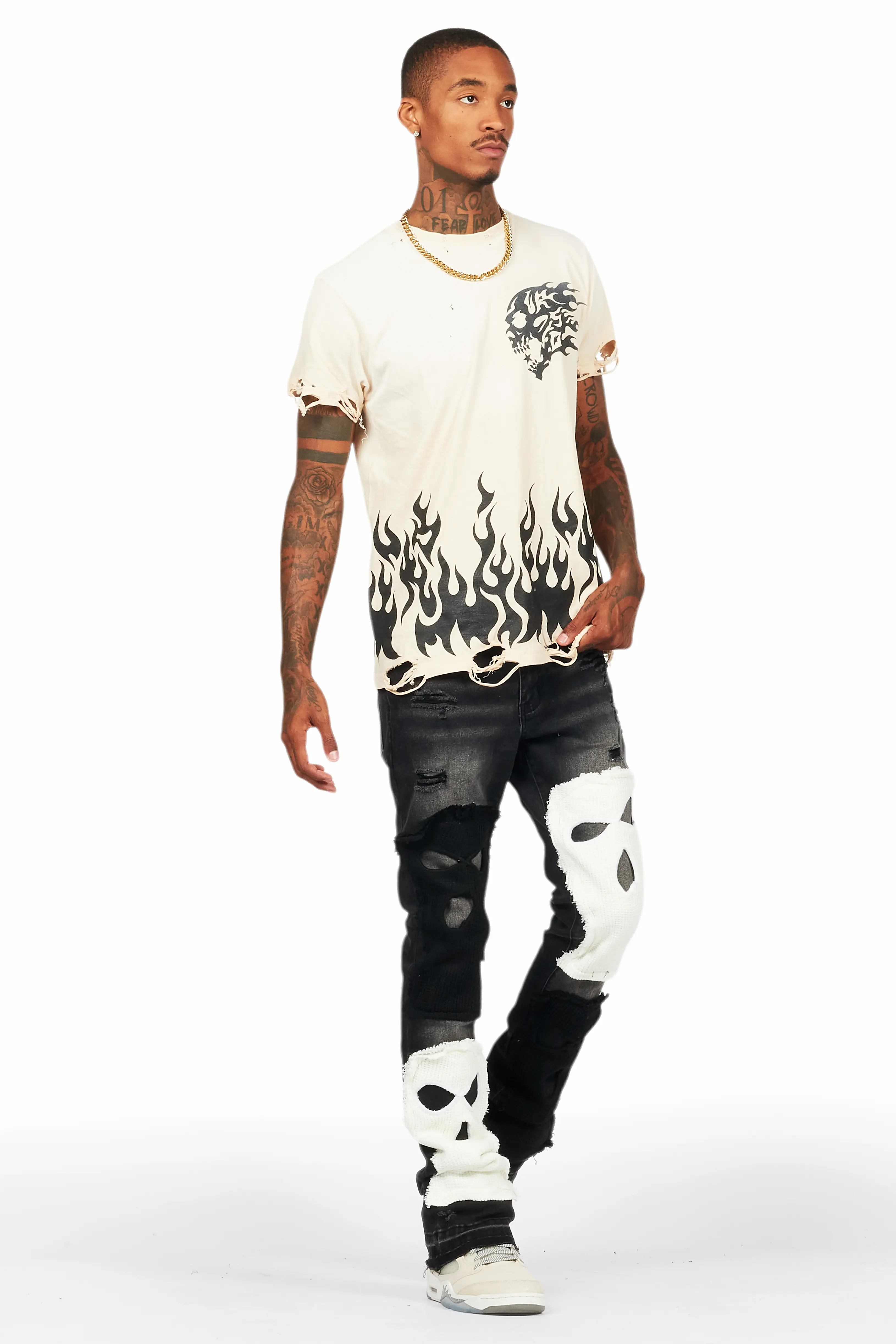 Destry Black/White Patchwork Stacked Flare Jean - Image 7
