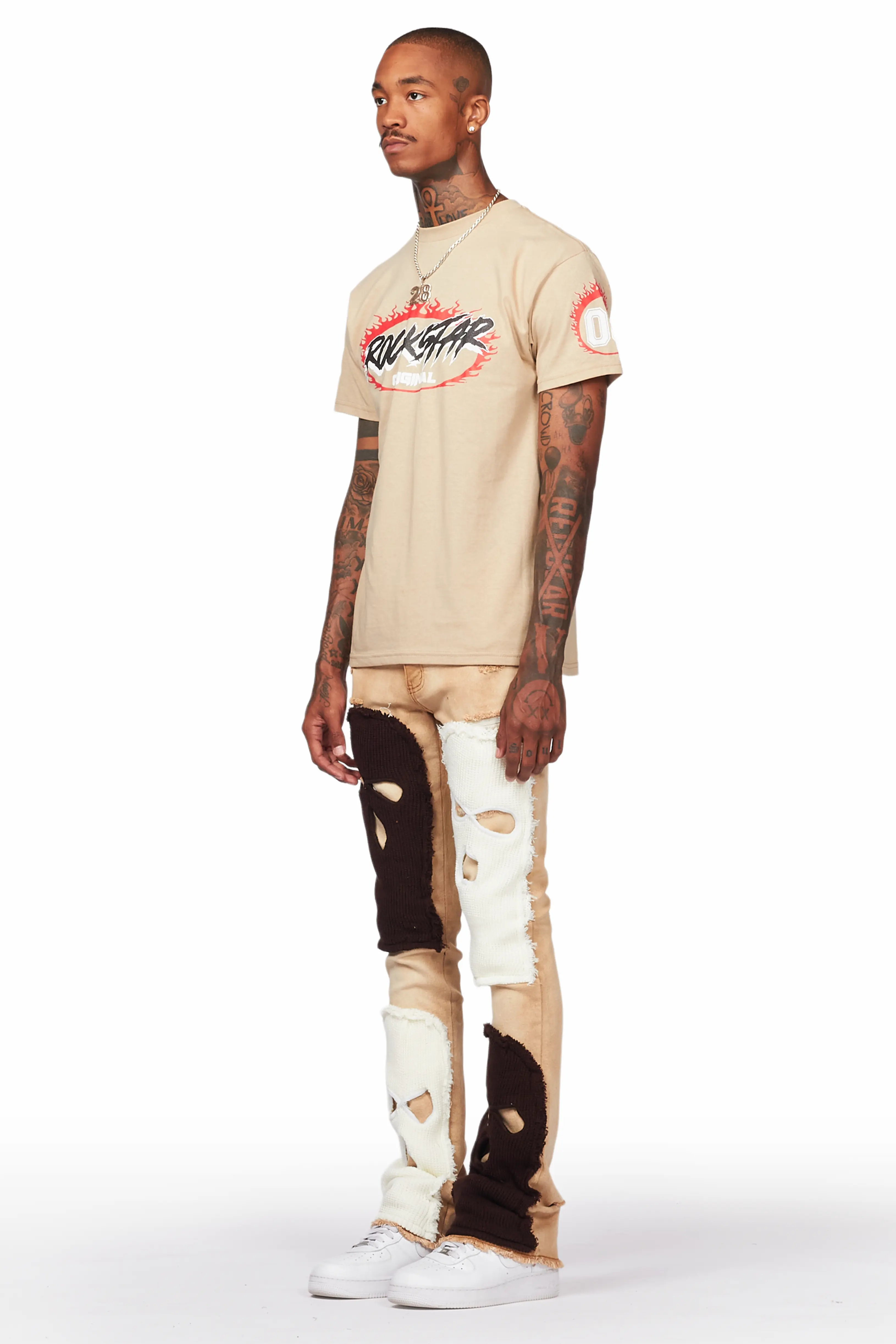 Destry Tan Patchwork Stacked Flare Jean - Image 6