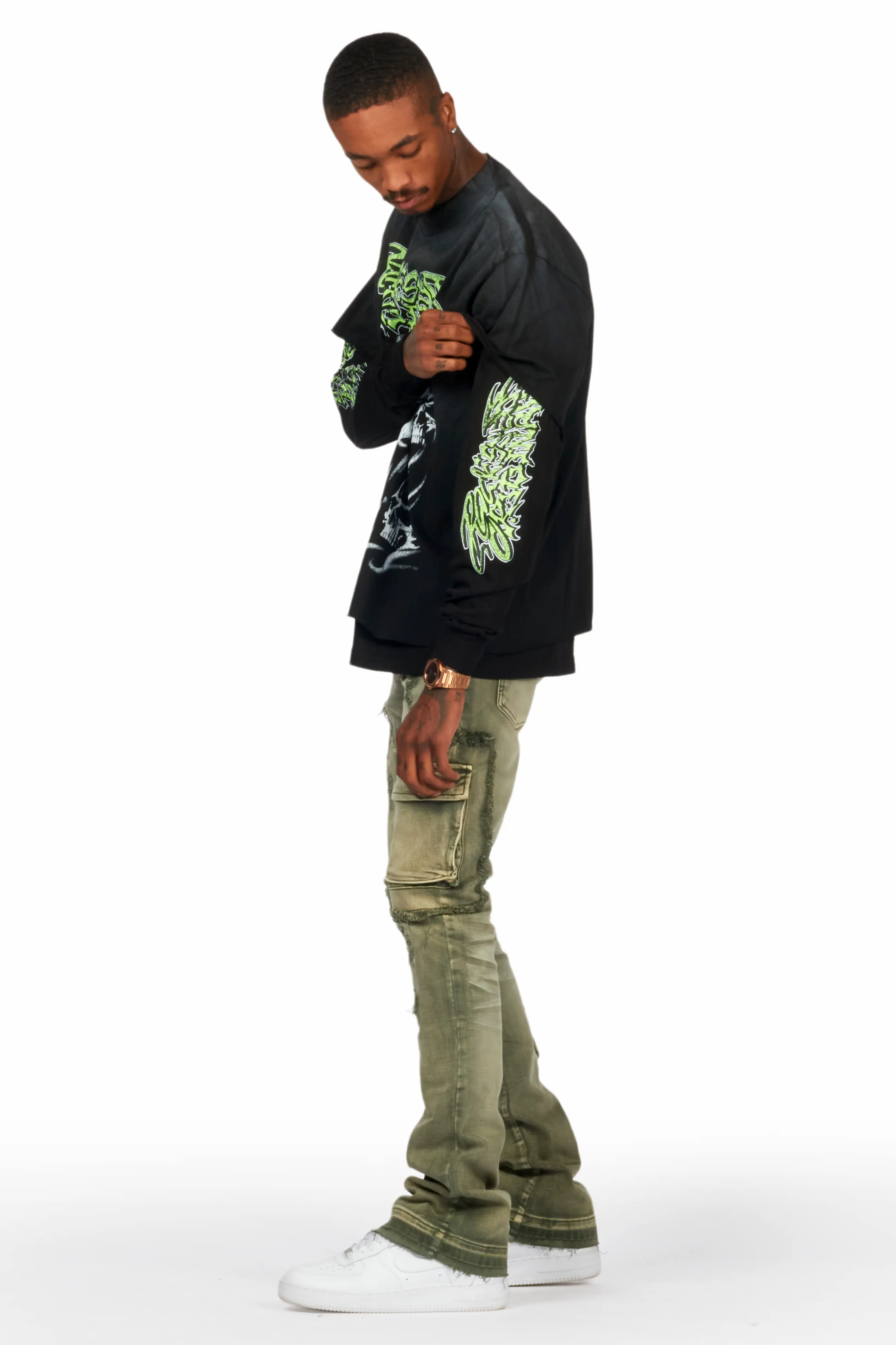 Zaxton Green Stacked Flare Jean - Image 5
