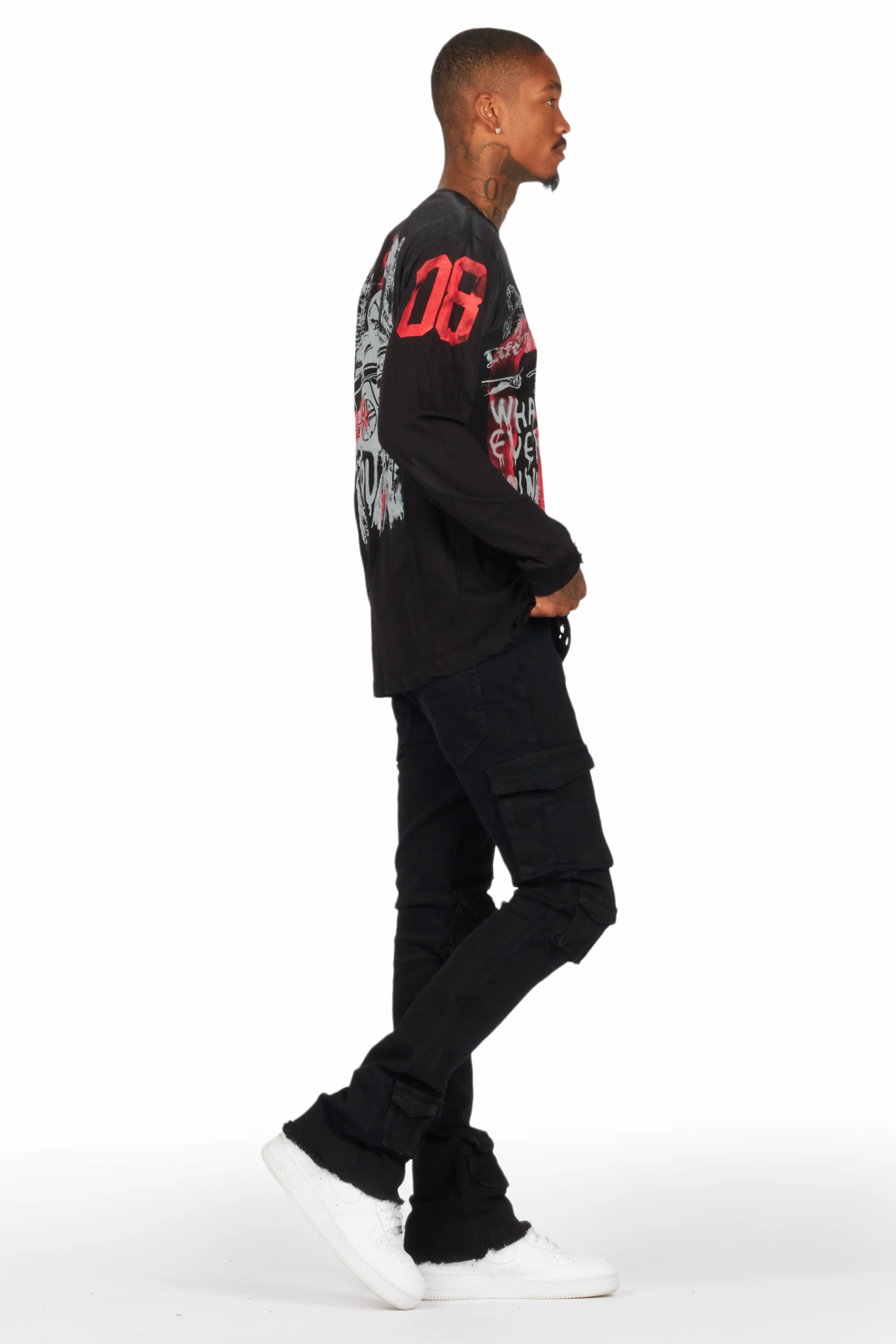 Feodor Black Stacked Flare Cargo Jean - Image 4