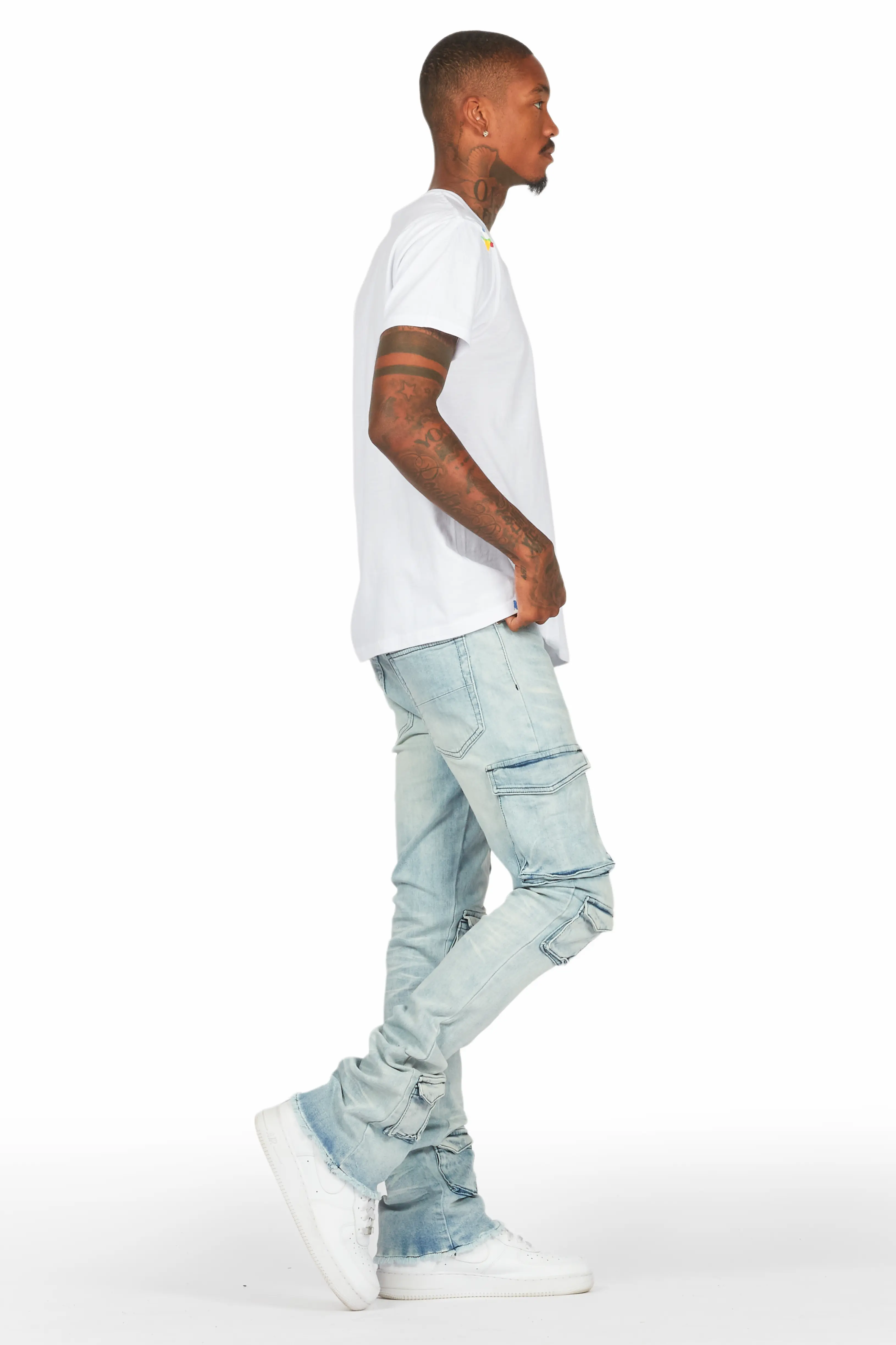 Feodor Light Blue Stacked Flare Cargo Jean - Image 4
