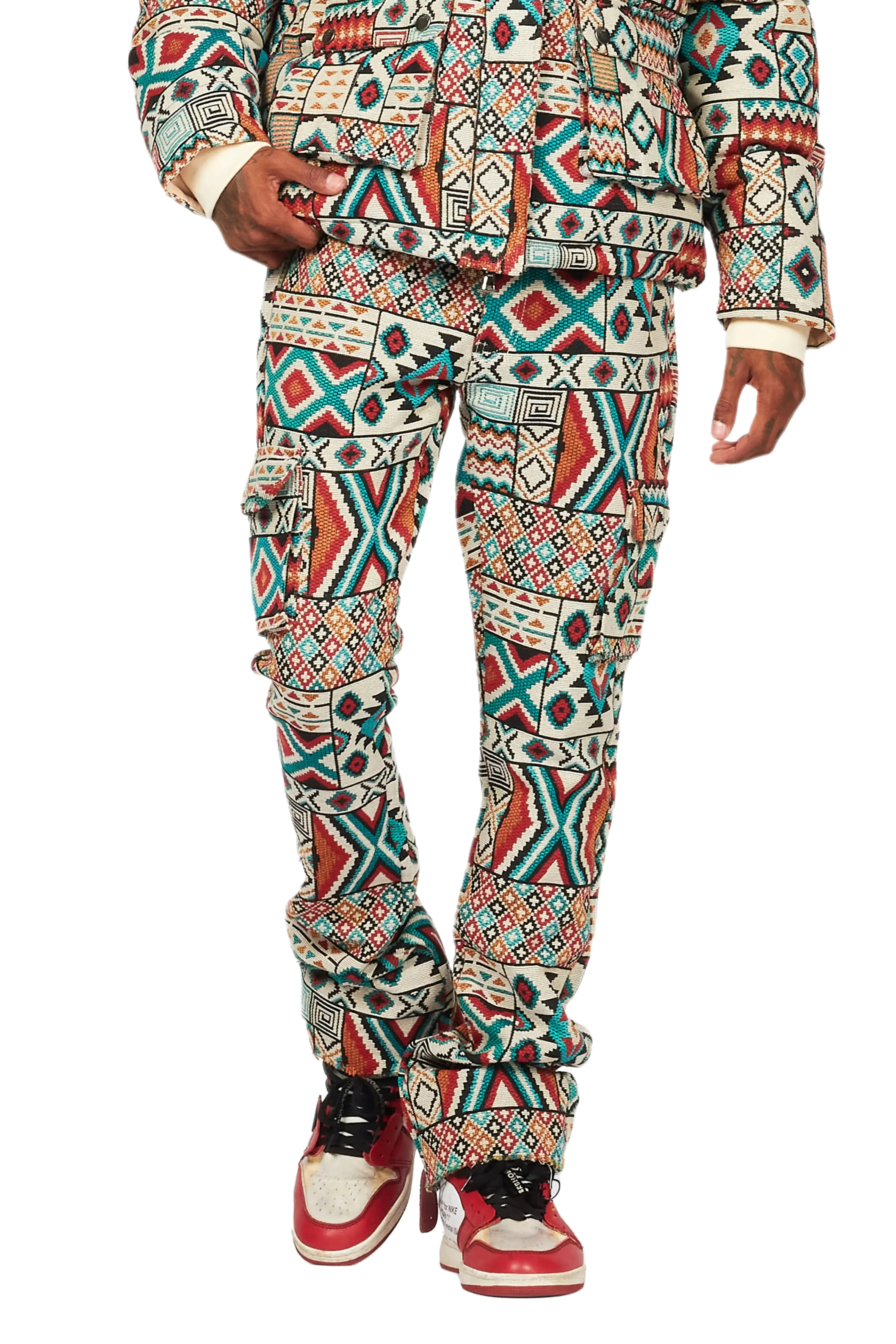 Nard Beige Multi Tapestry Stacked Flare Jean - Image 11