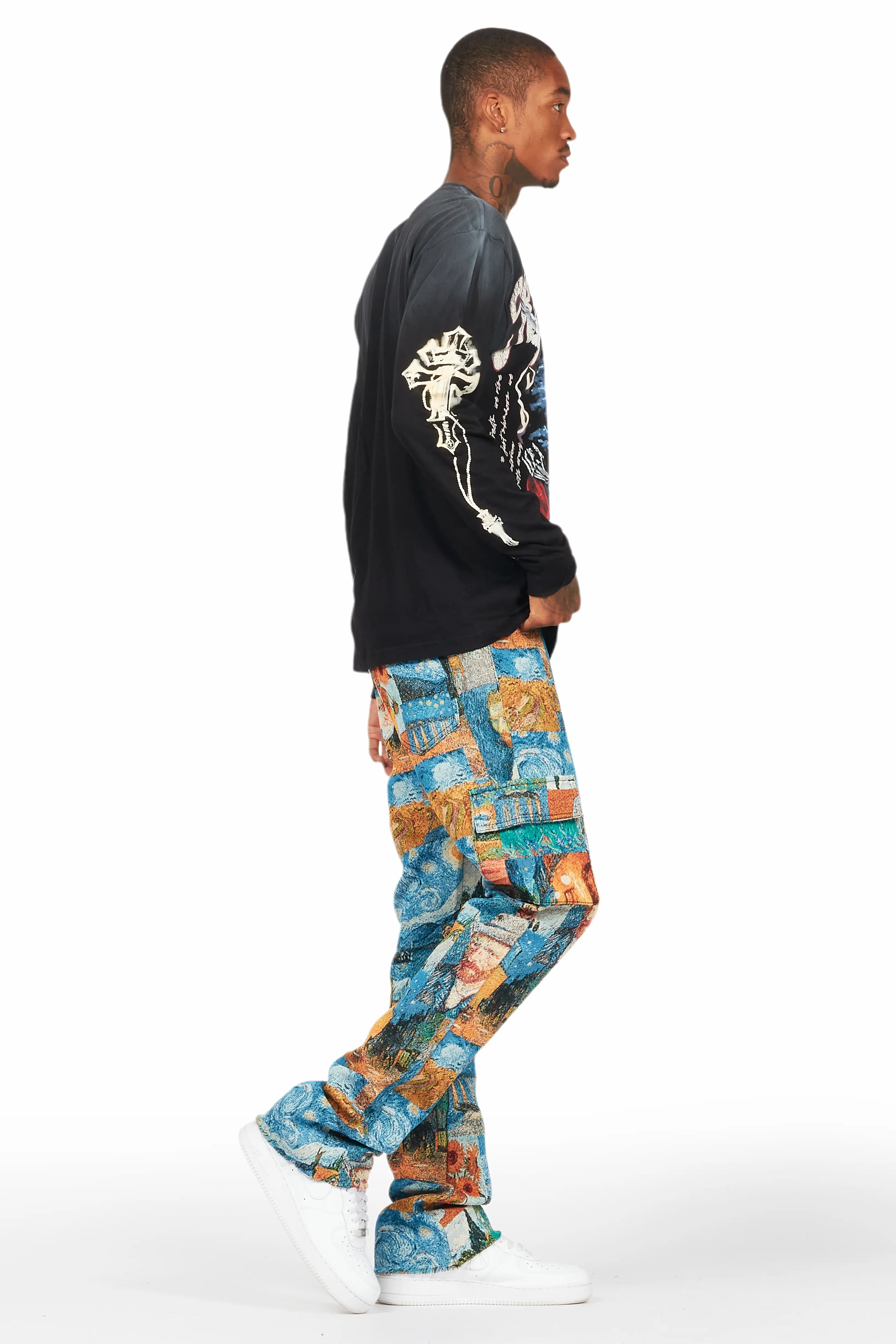 Zaire Blue Multi Tapestry Stacked Flare Jean - Image 4