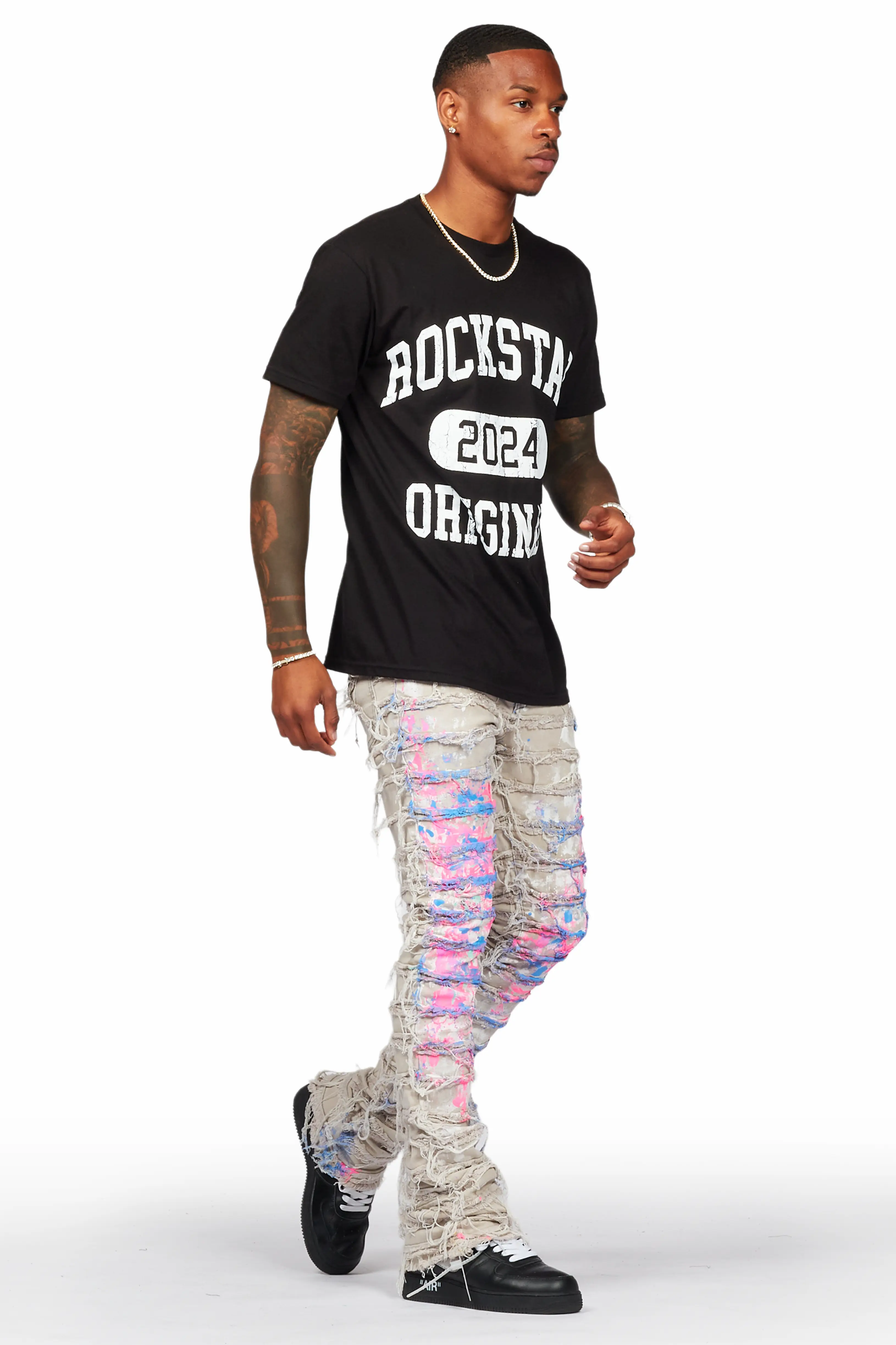 Qamar Pink/Blue Painter Stacked Flare Jean - Image 6