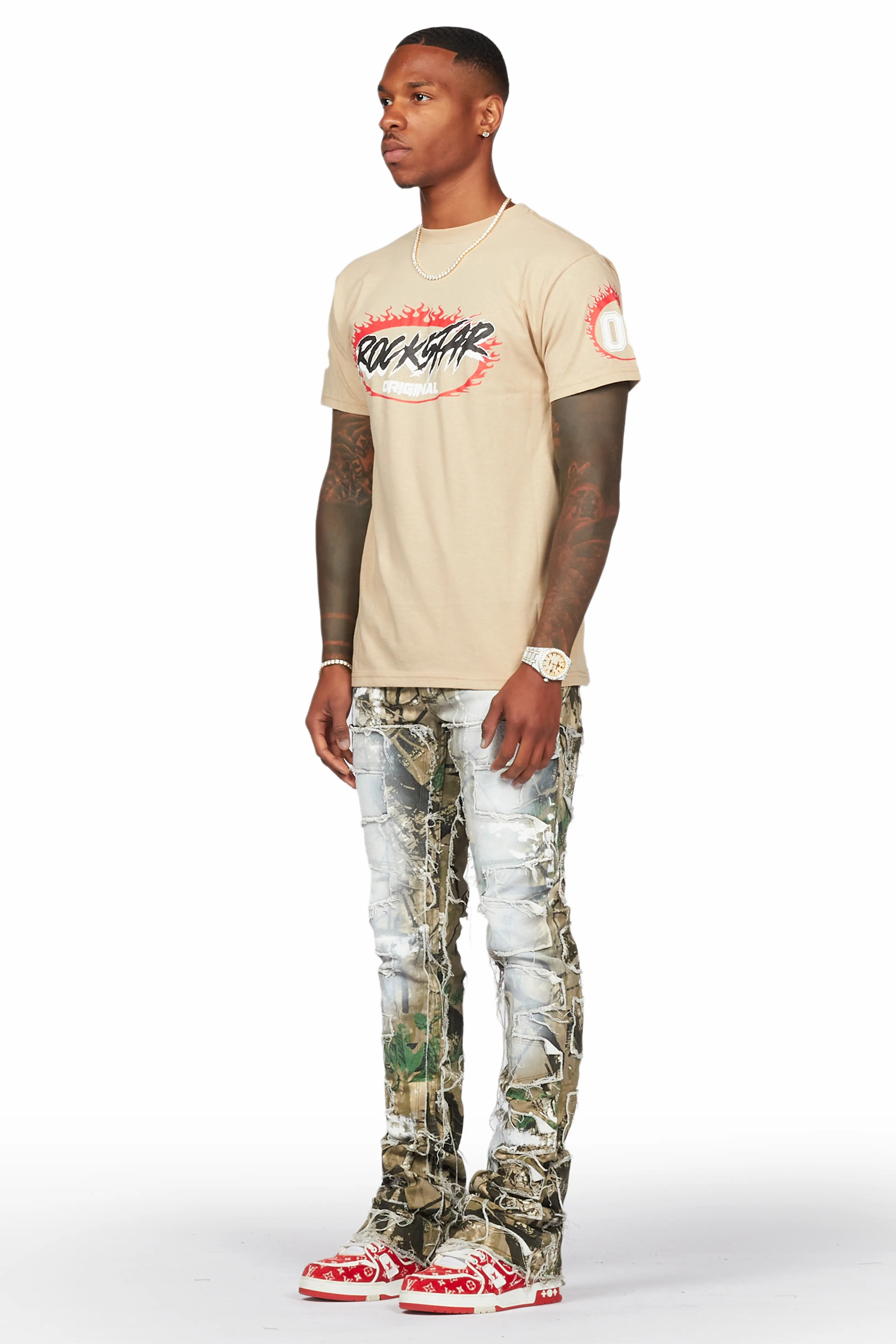 Okan Tree Camo Painter Stacked Flare Jean - Image 5