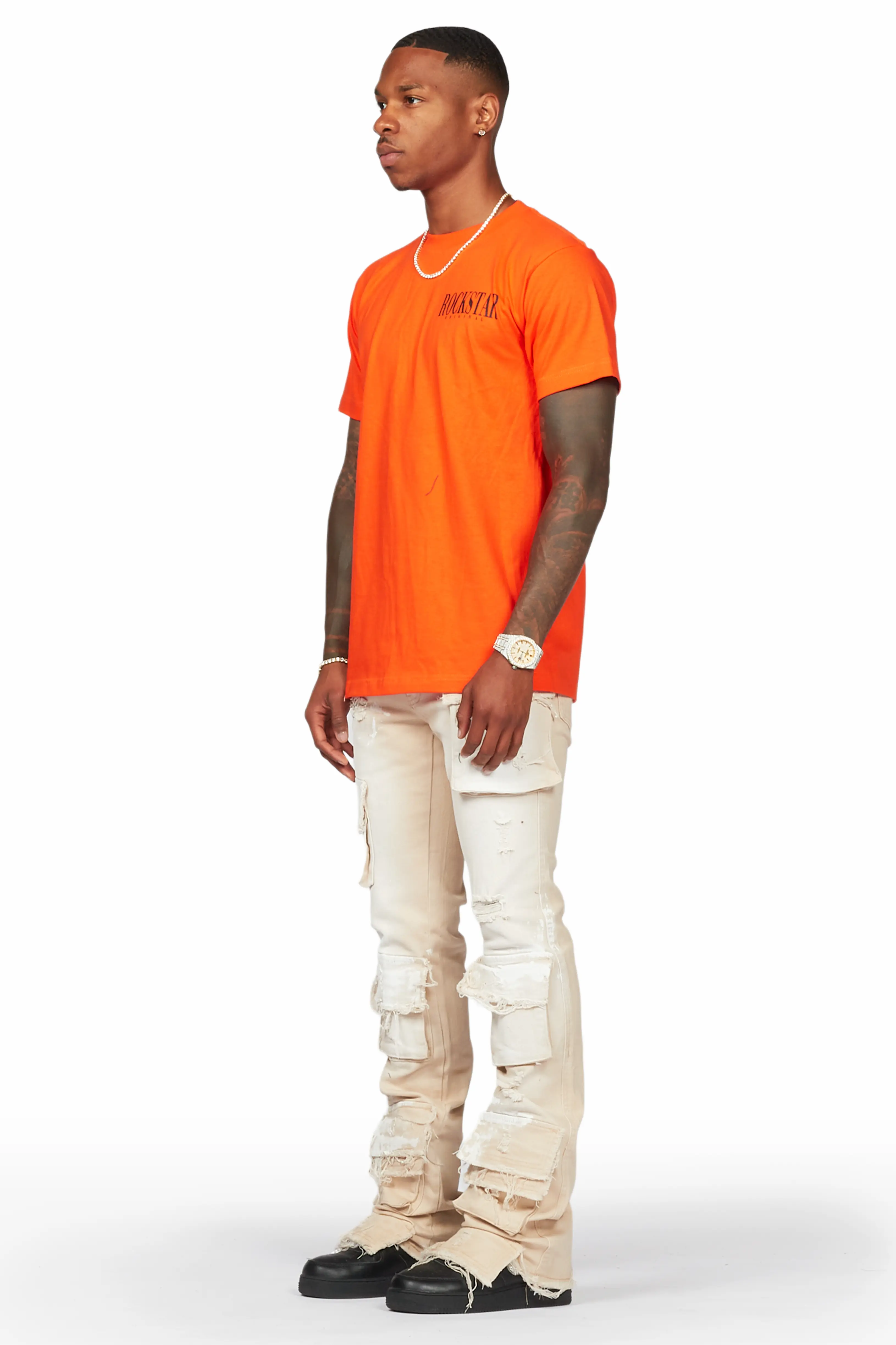 Faxon Beige Painter Stacked Flare Jean - Image 5