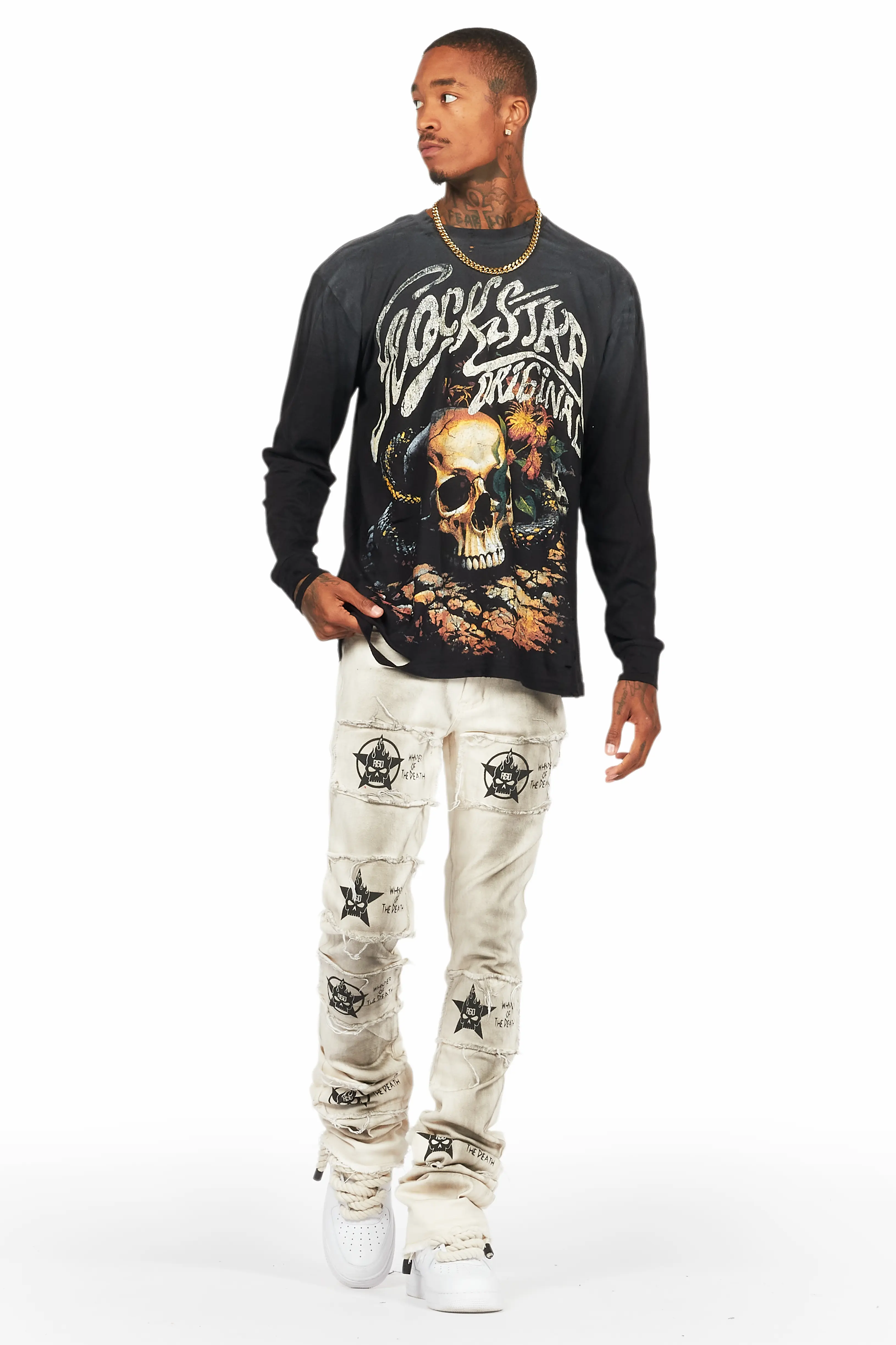Dancho Beige Patchwork Super Stacked Flare Jean - Image 3