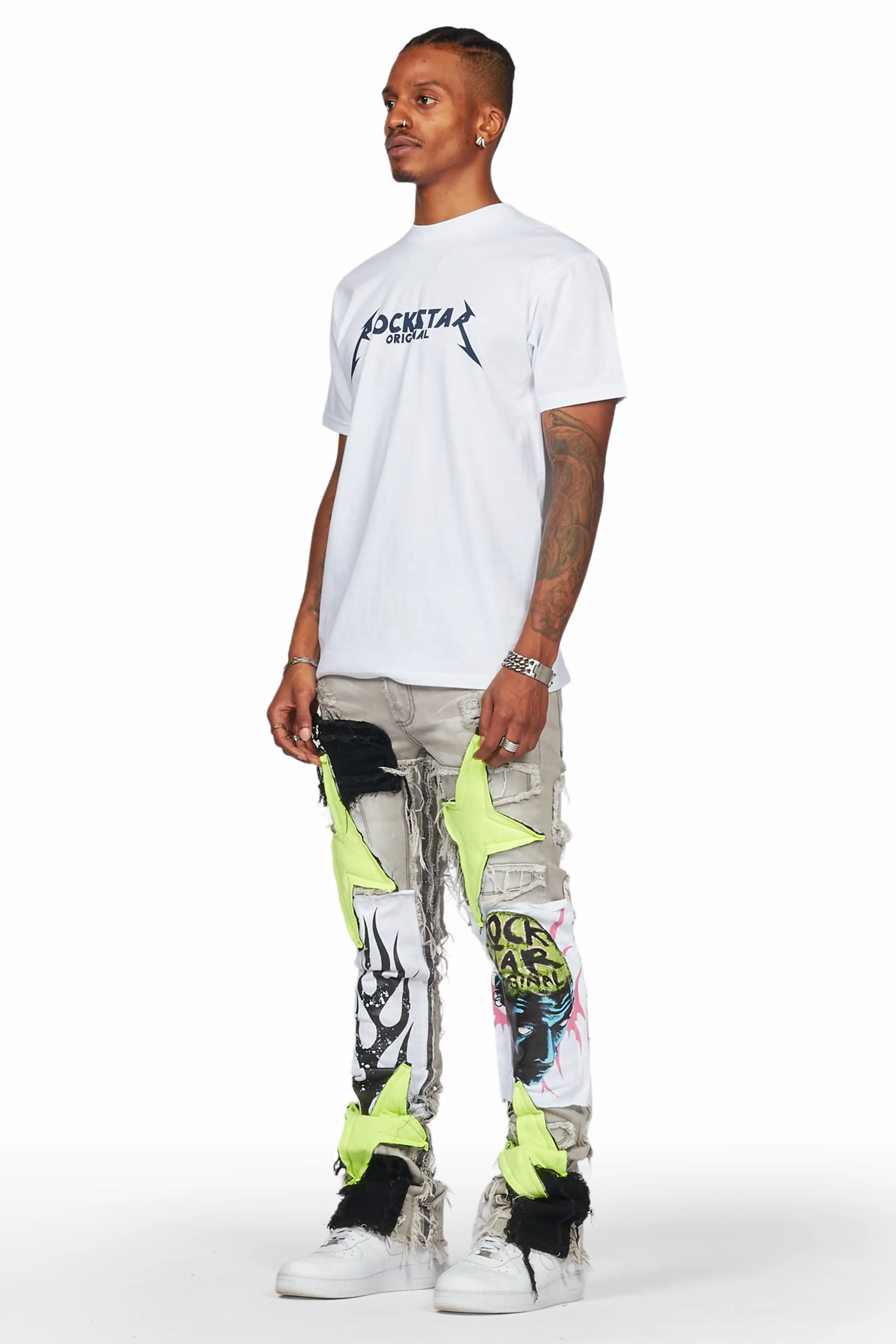 Edgar Grey/Yellow Patchwork Stacked Flare Jean - Image 5