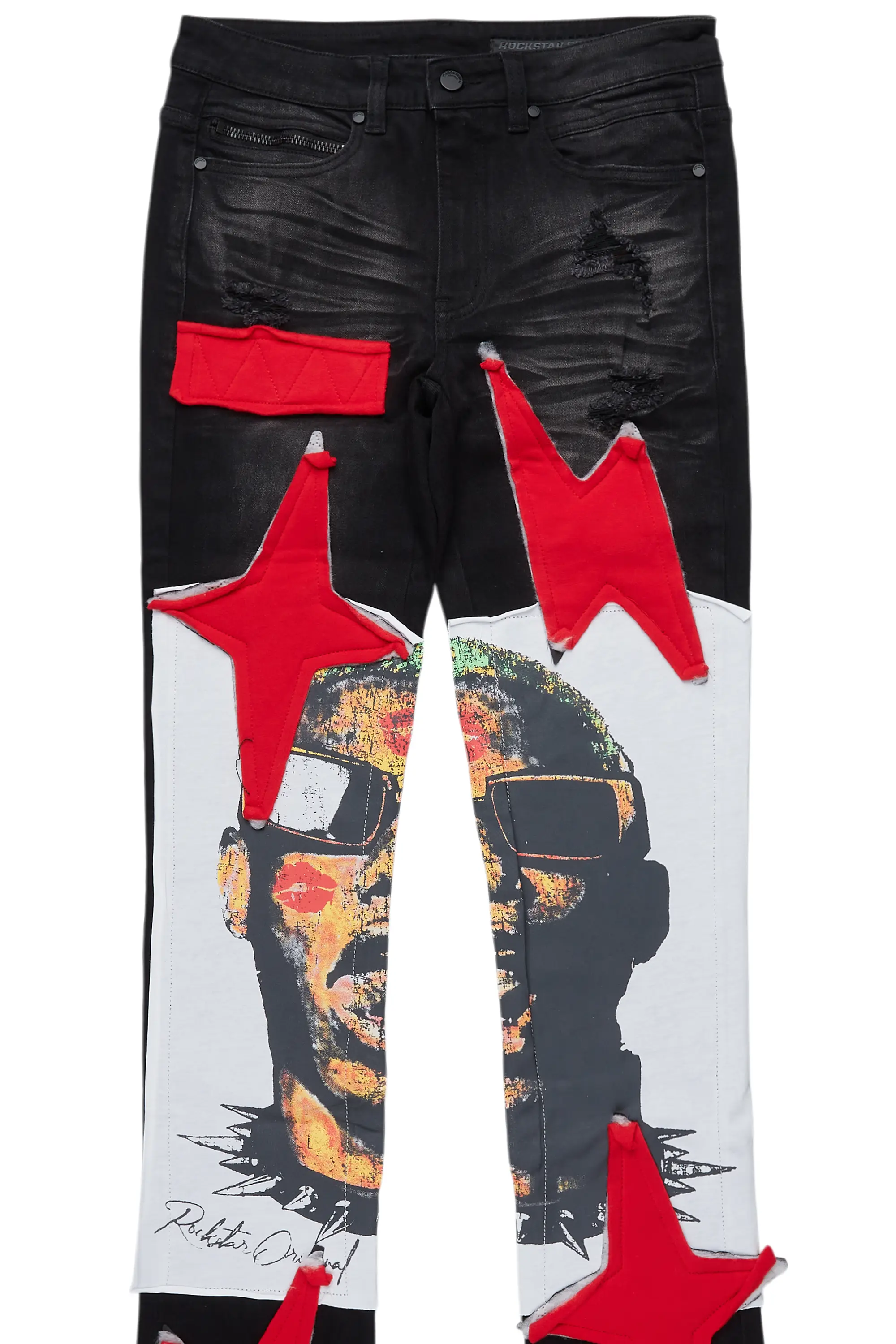 Savage Black/Red Patchwork Stacked Flare Jean - Image 9