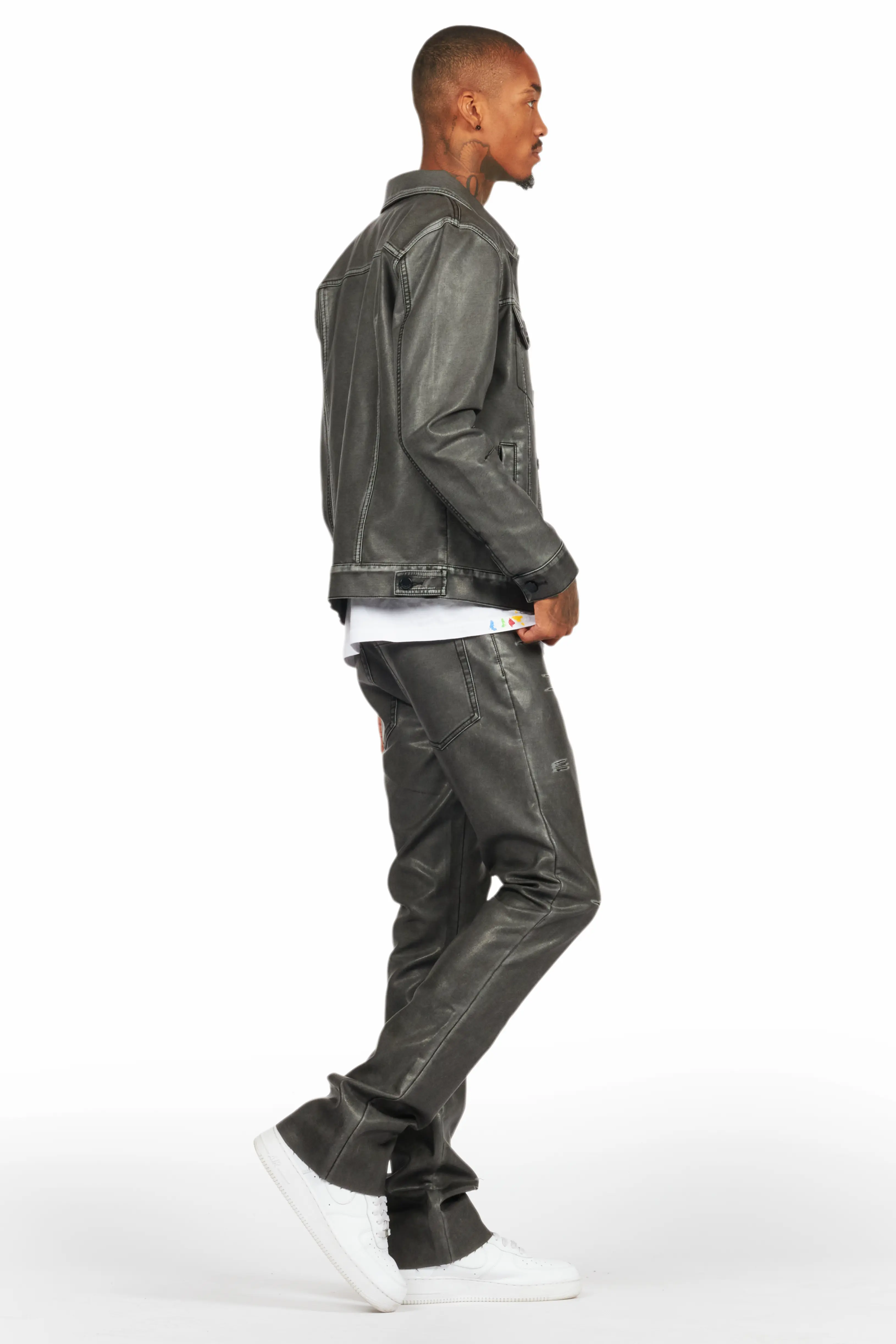 Deco Black Distressed PU Stacked Flare Jean - Image 5