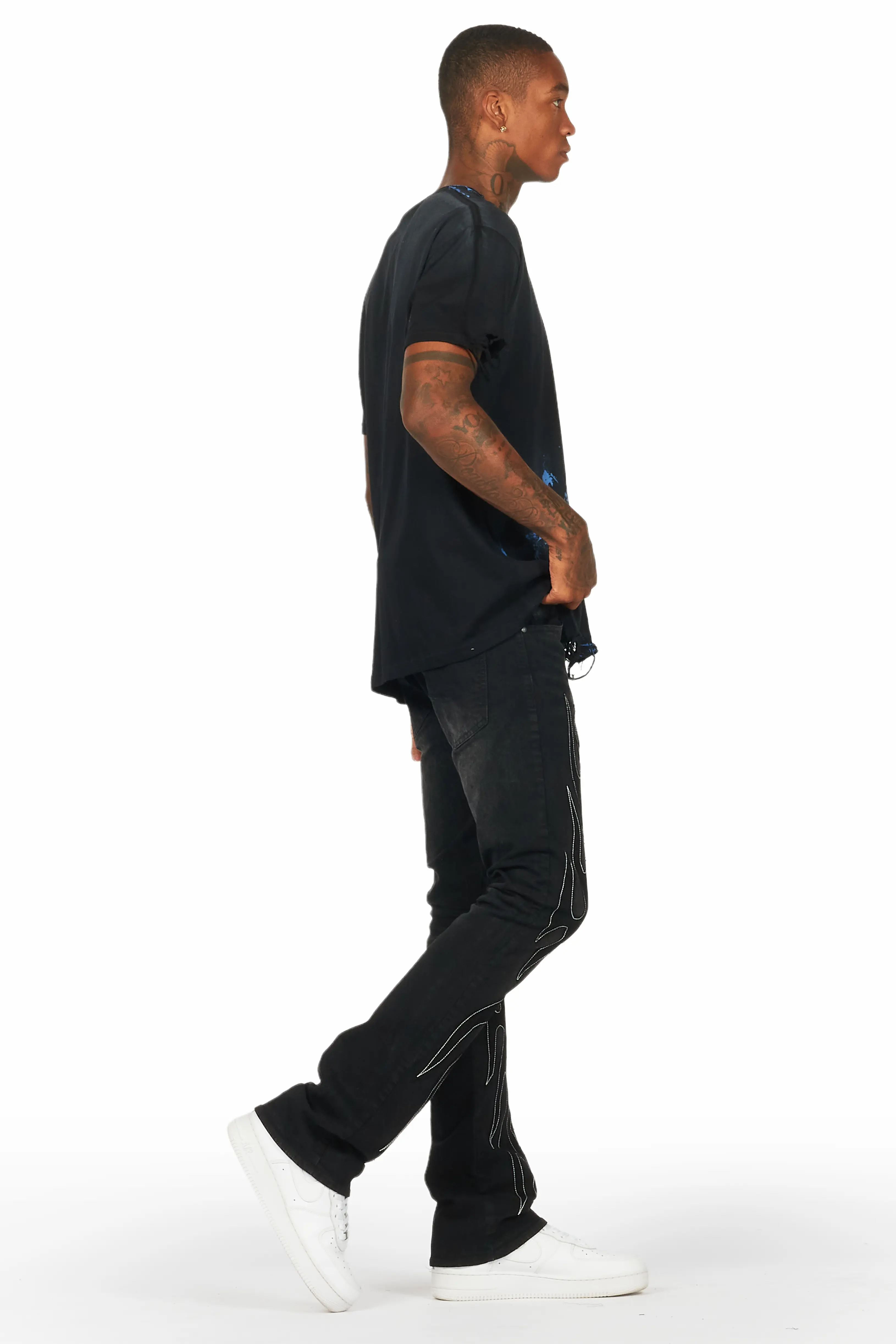Ebbos Black Flame Patched Skinny Flare Jean - Image 4