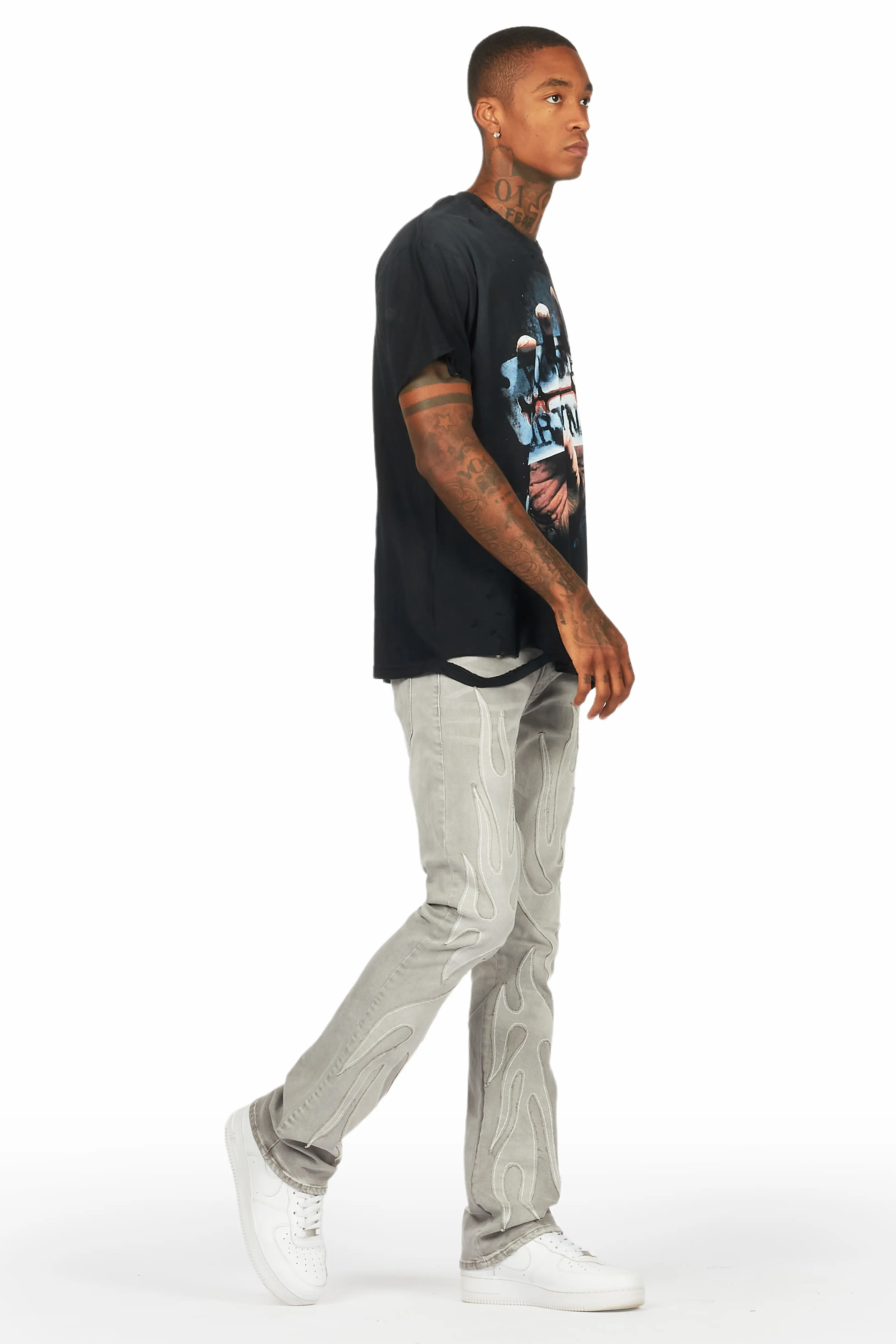 Ebbos Grey Flame Patched Skinny Flare Jean - Image 7