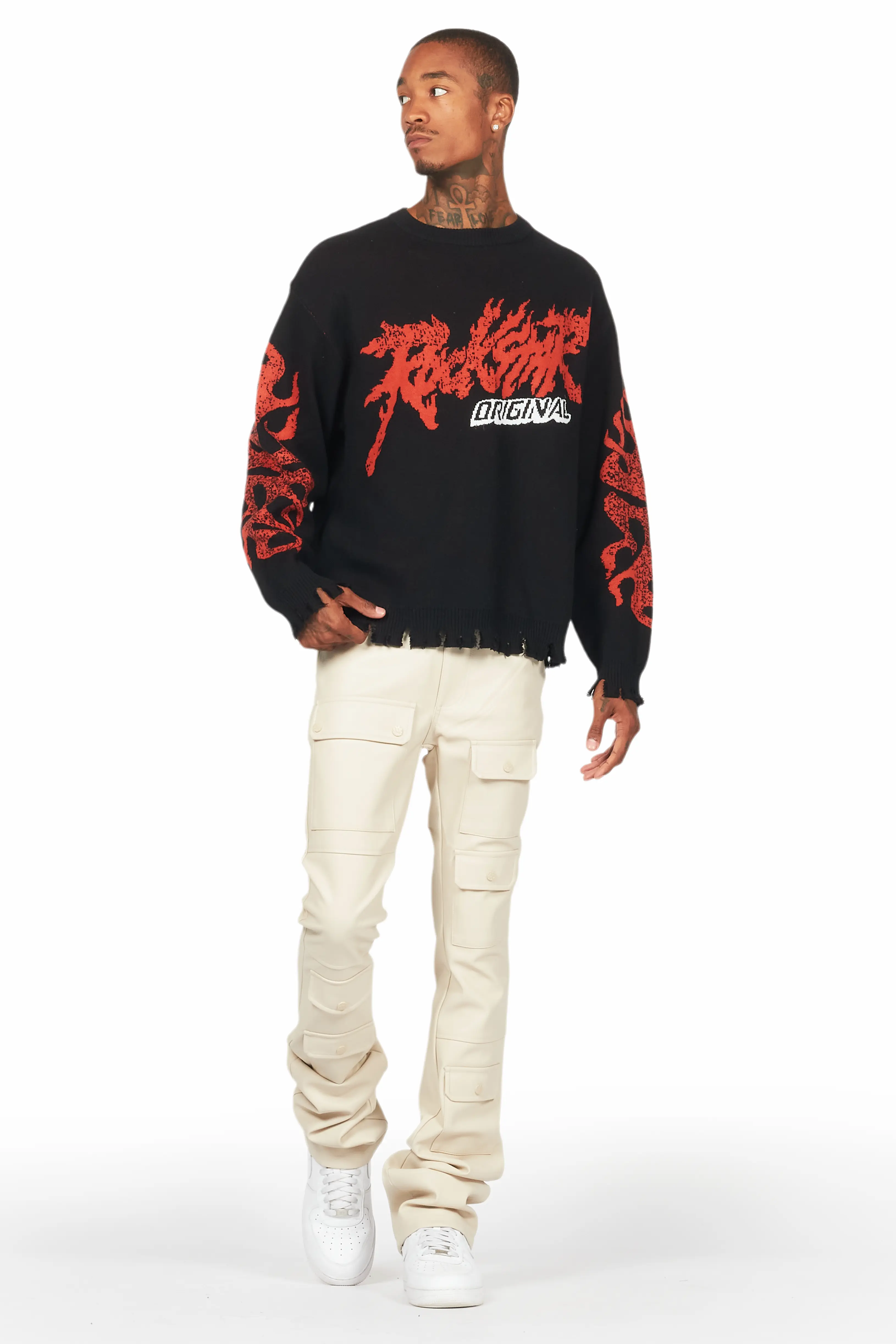 Barossa Beige PU Cargo Stacked Flare Jean - Image 3