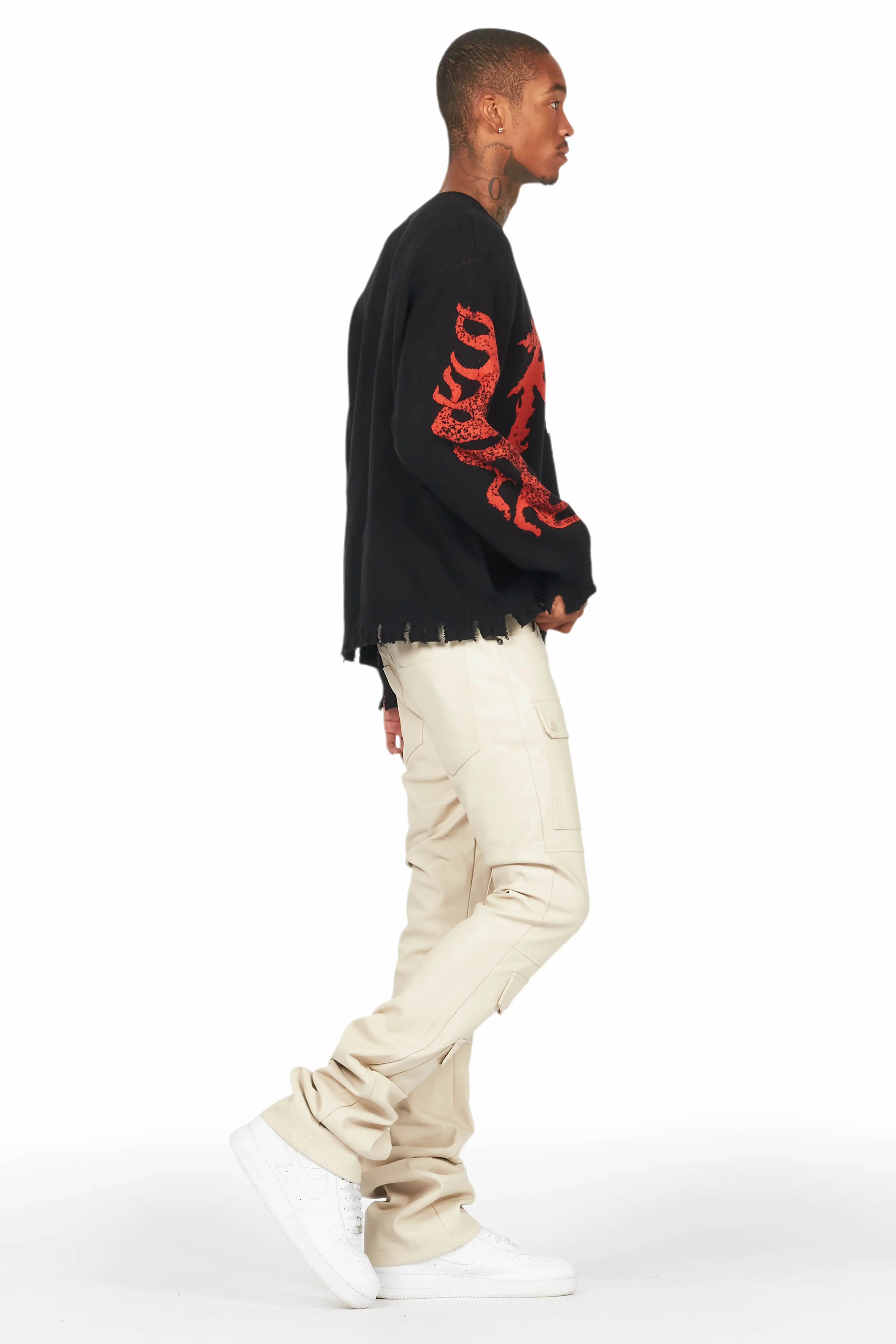 Barossa Beige PU Cargo Stacked Flare Jean - Image 4