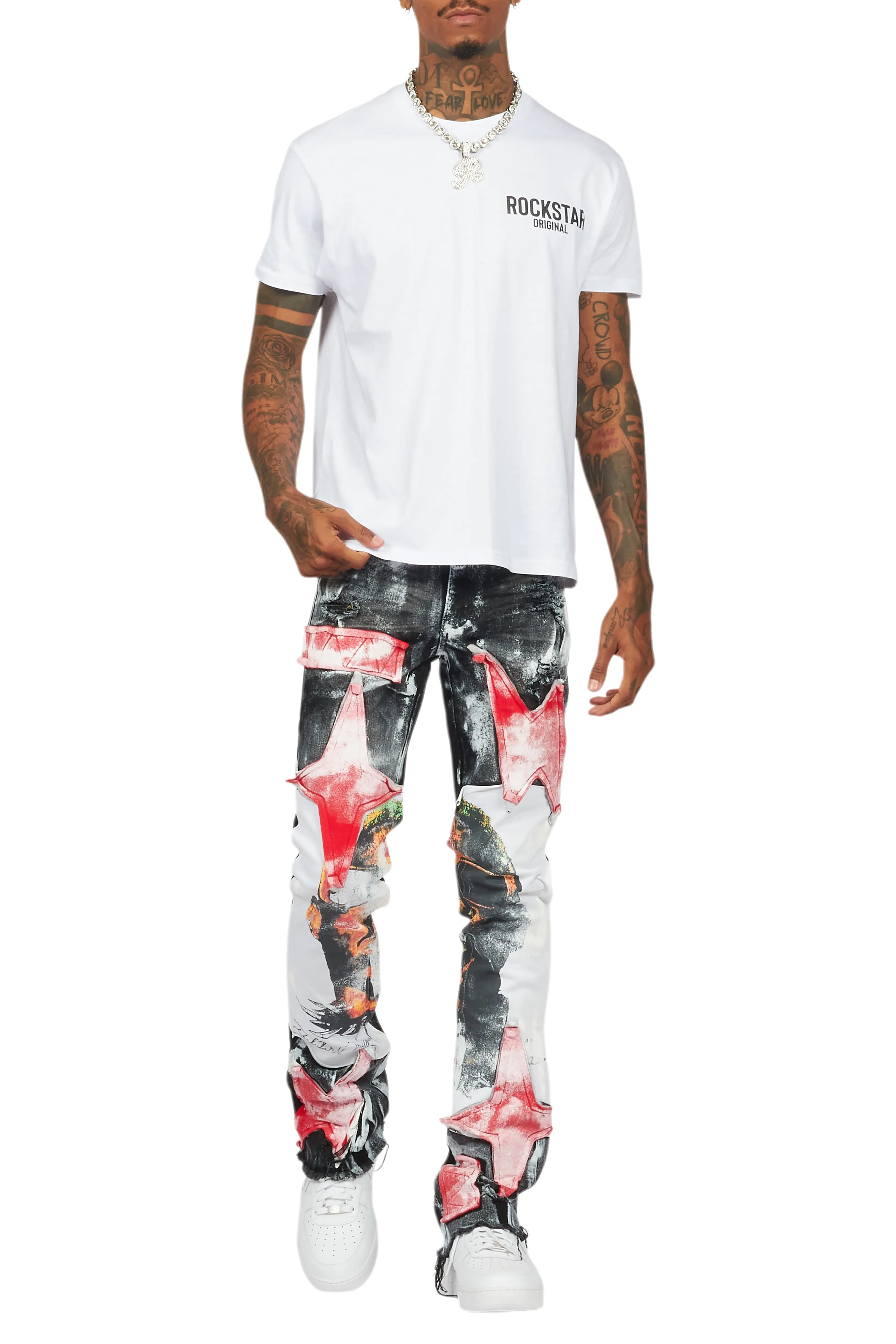 Savier Black/White Roller Paint Stacked Flare Jean - Image 10