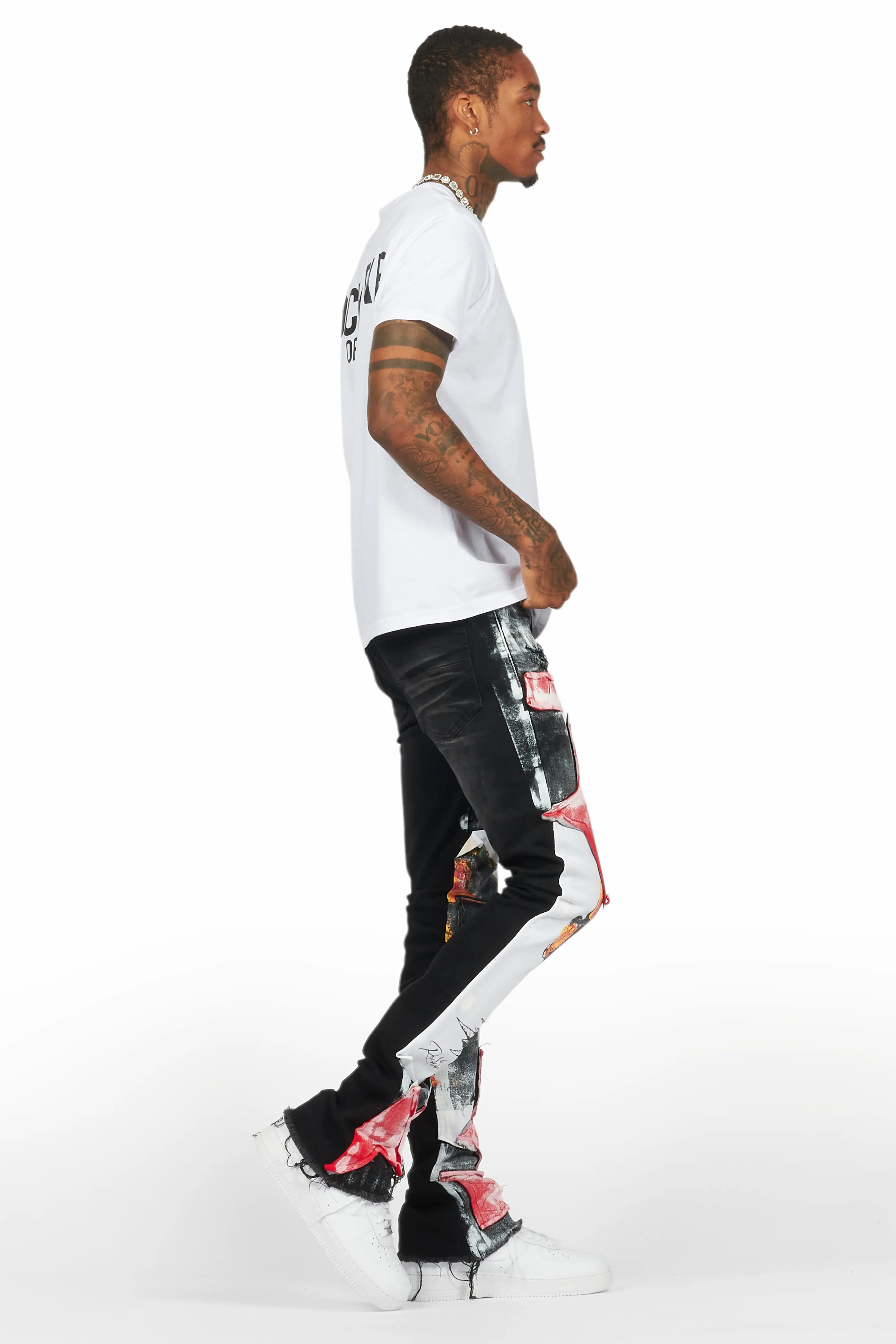 Savier Black/White Roller Paint Stacked Flare Jean - Image 4