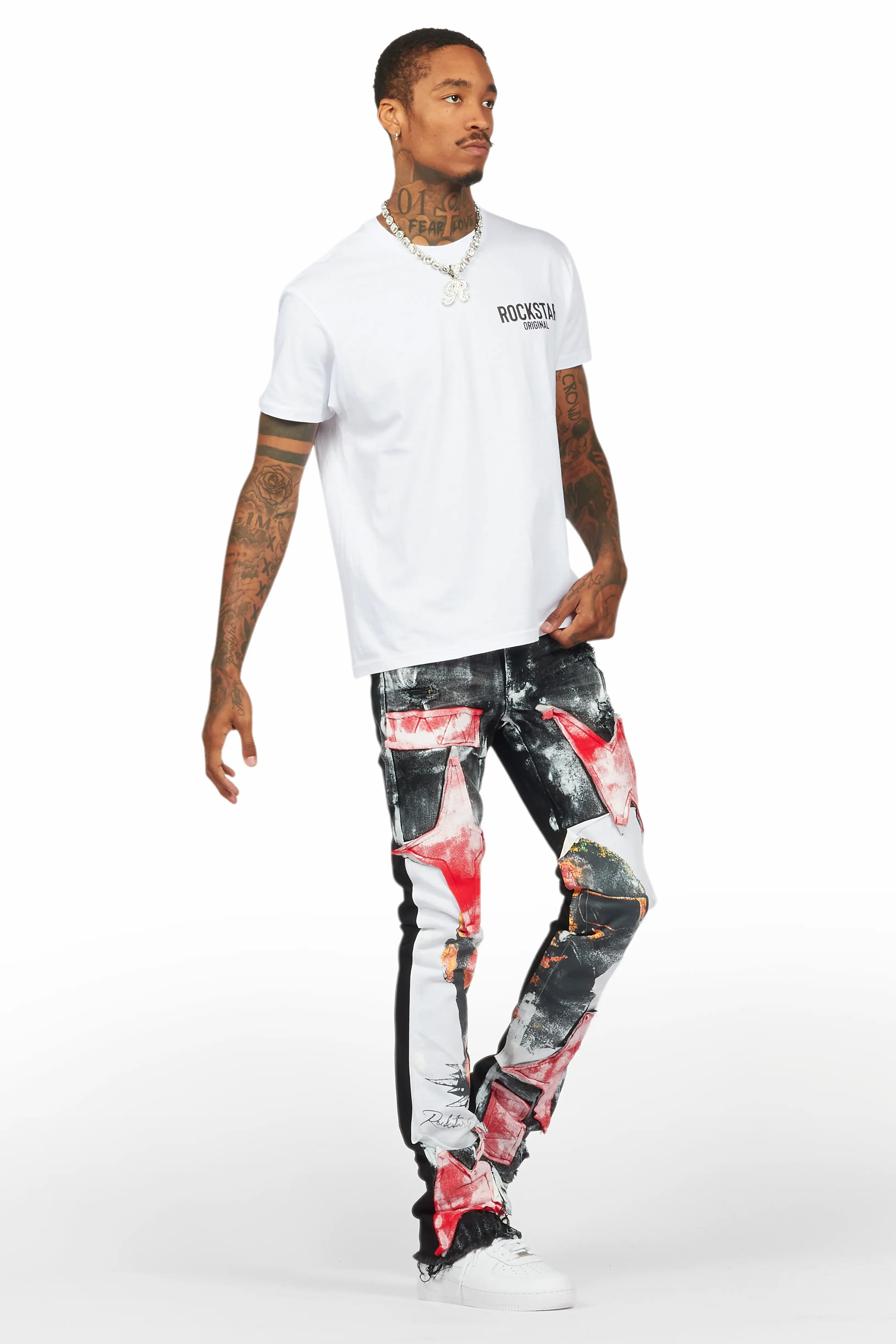 Savier Black/White Roller Paint Stacked Flare Jean - Image 7