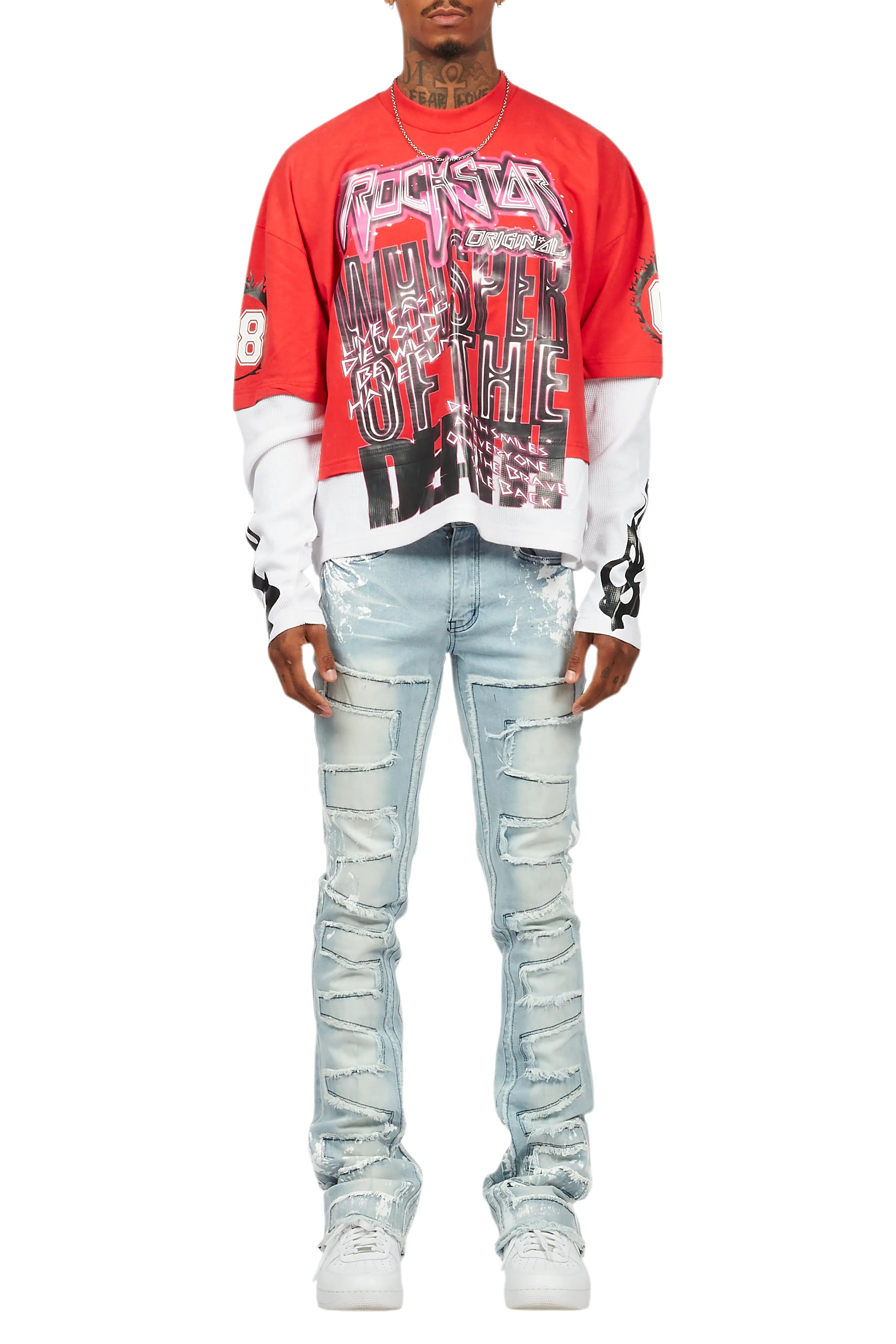 Kodak Blue/White Painter Stacked Flare Fringe Jean - Image 10