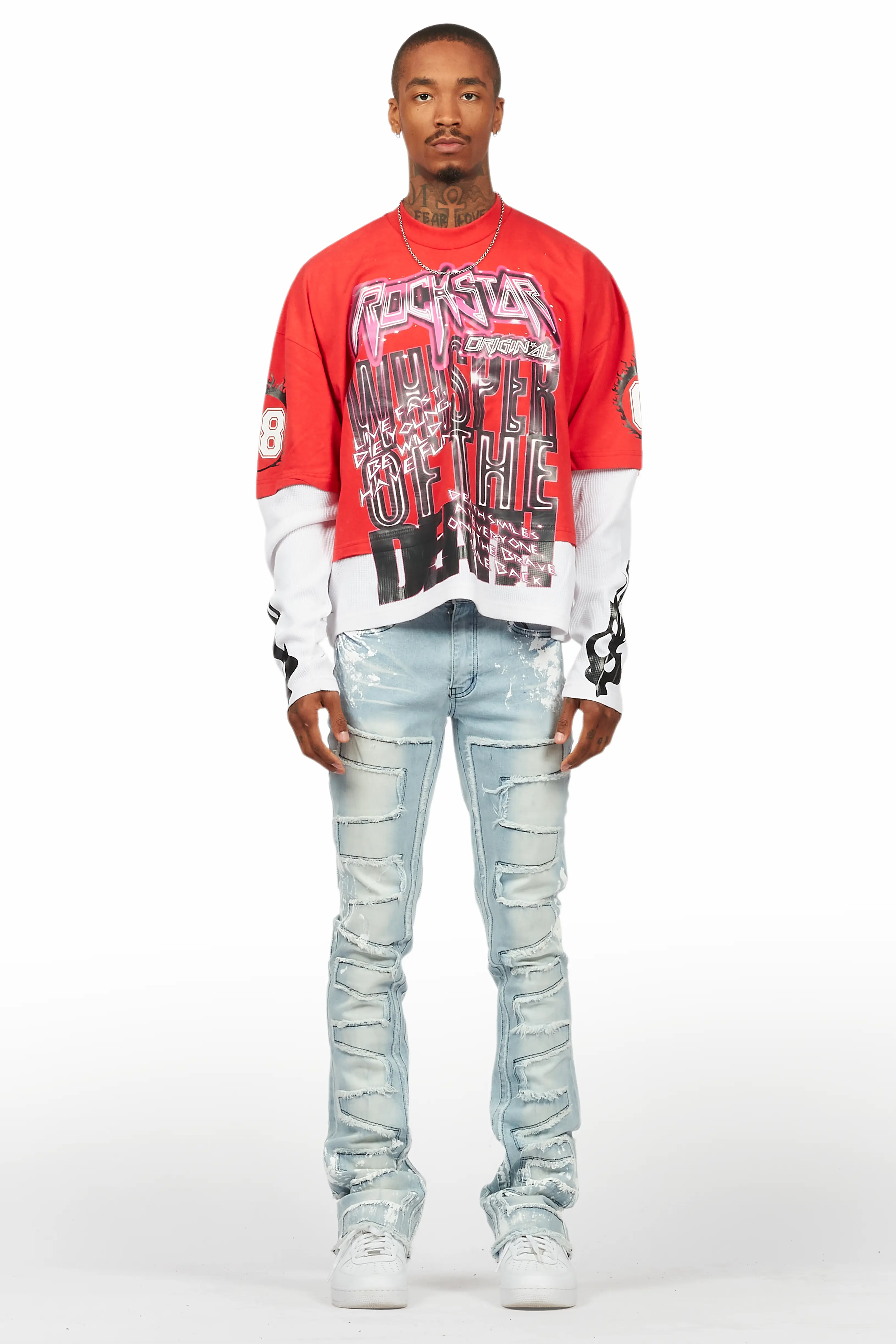 Kodak Blue/White Painter Stacked Flare Fringe Jean - Image 3