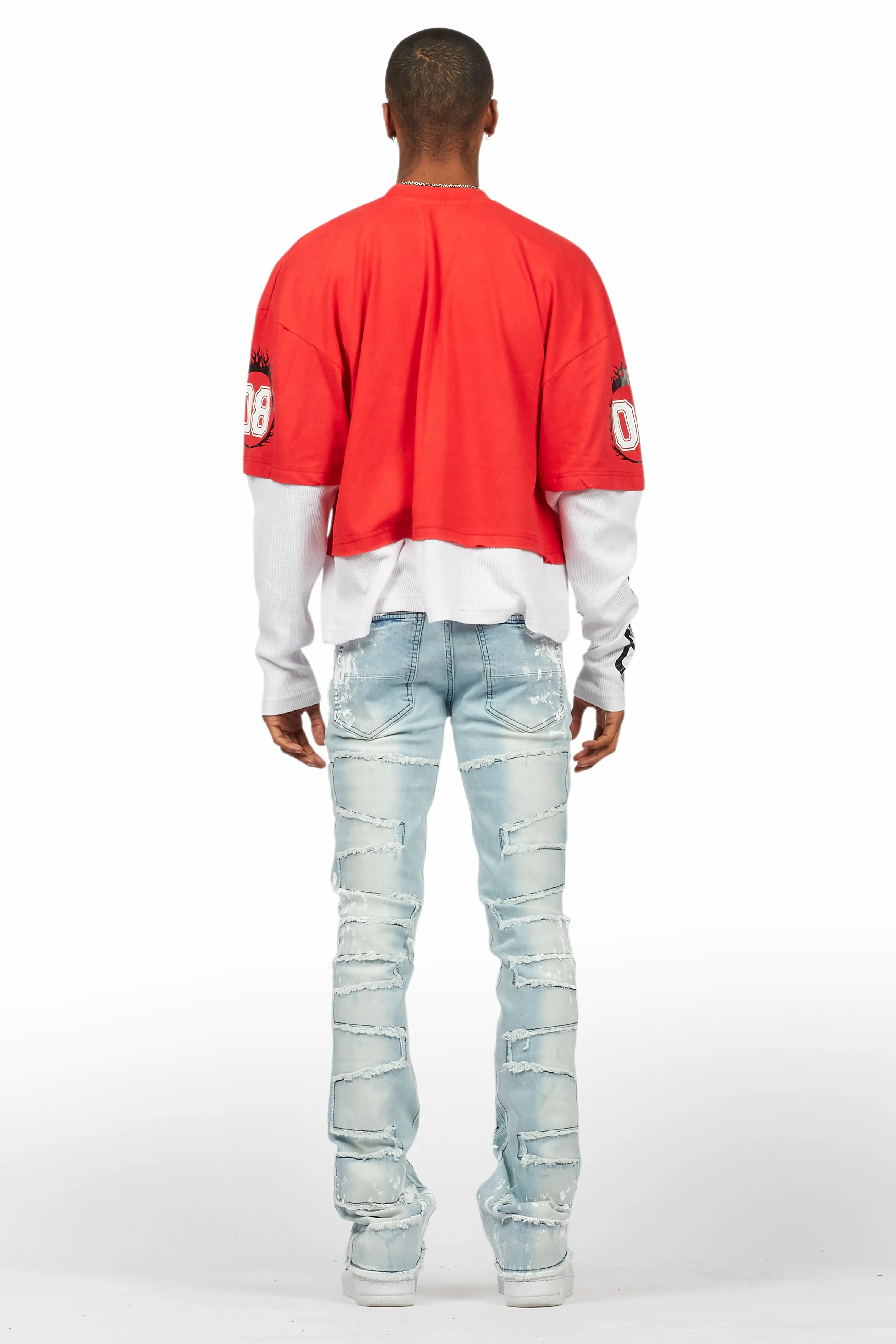Kodak Blue/White Painter Stacked Flare Fringe Jean - Image 5