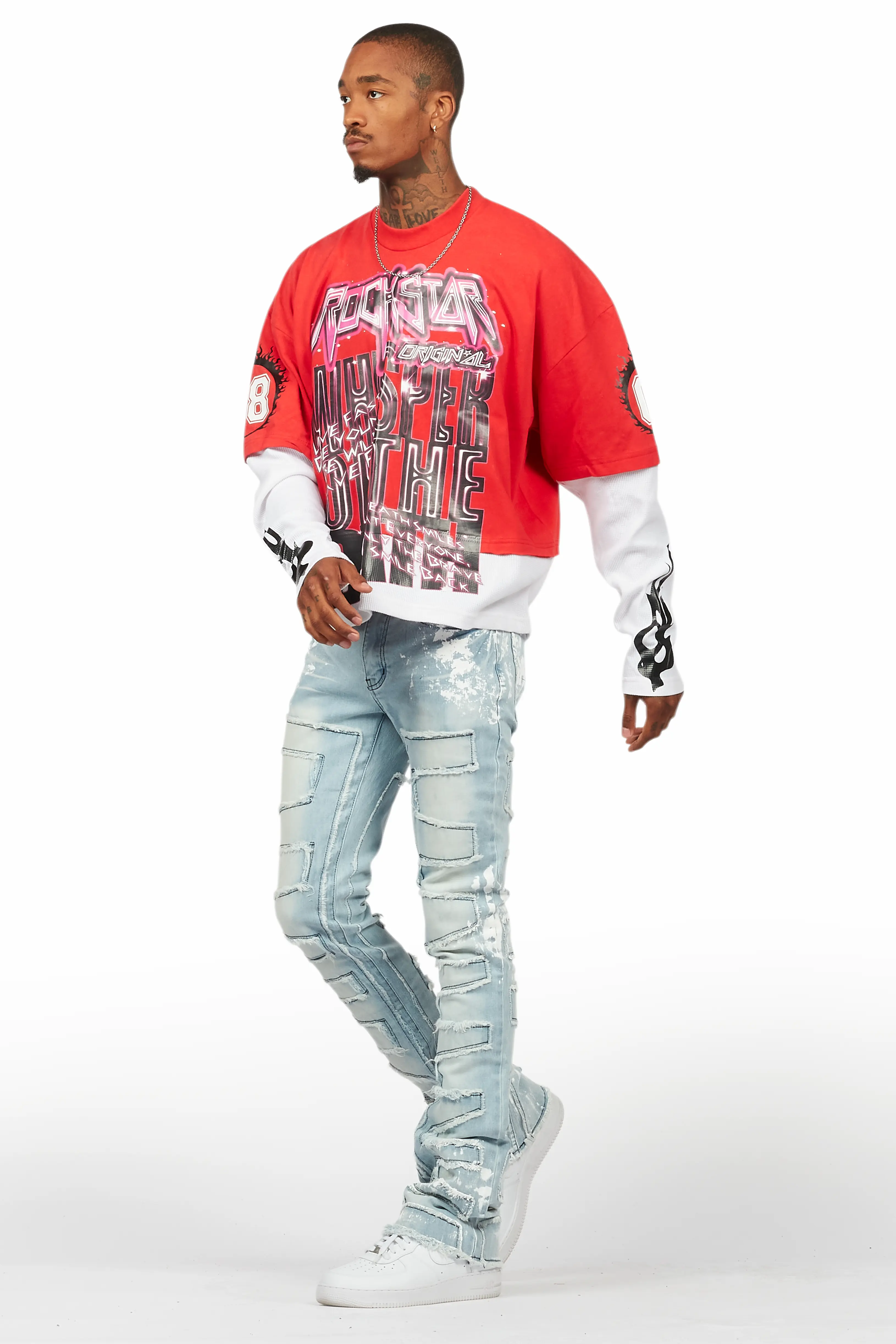 Kodak Blue/White Painter Stacked Flare Fringe Jean - Image 6