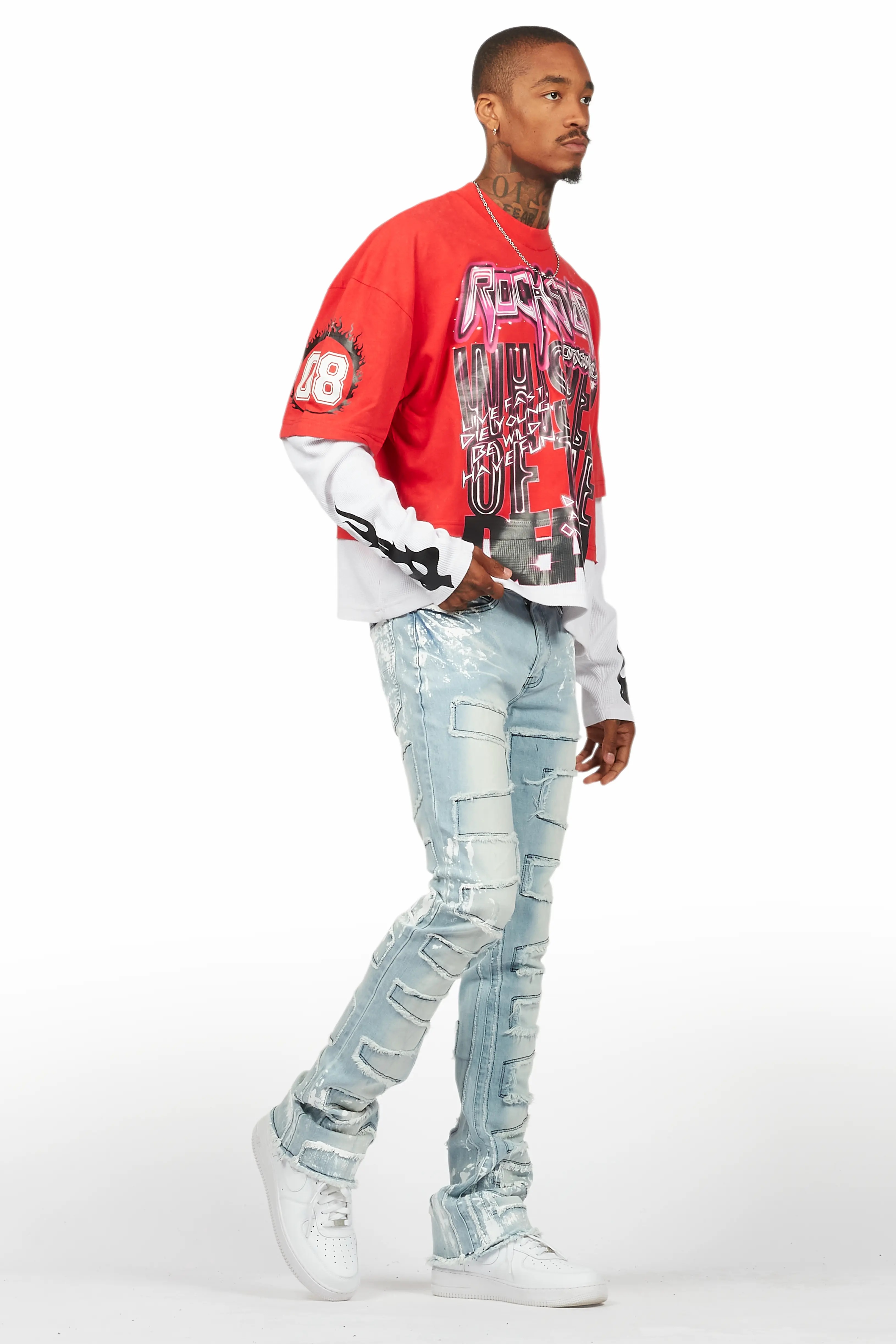 Kodak Blue/White Painter Stacked Flare Fringe Jean - Image 7