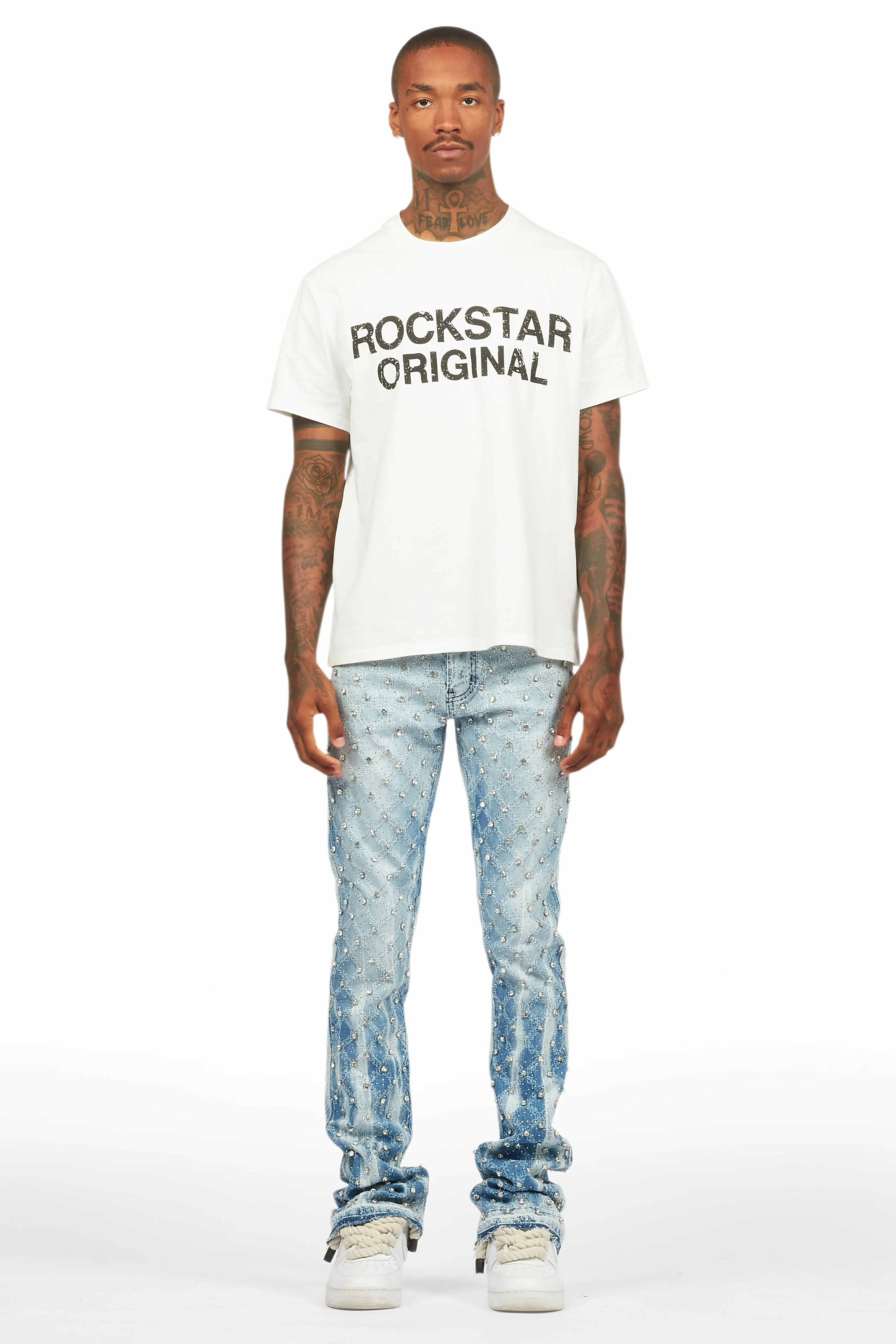 Glit Blue Rhinestone Stacked Flare Jean - Image 3
