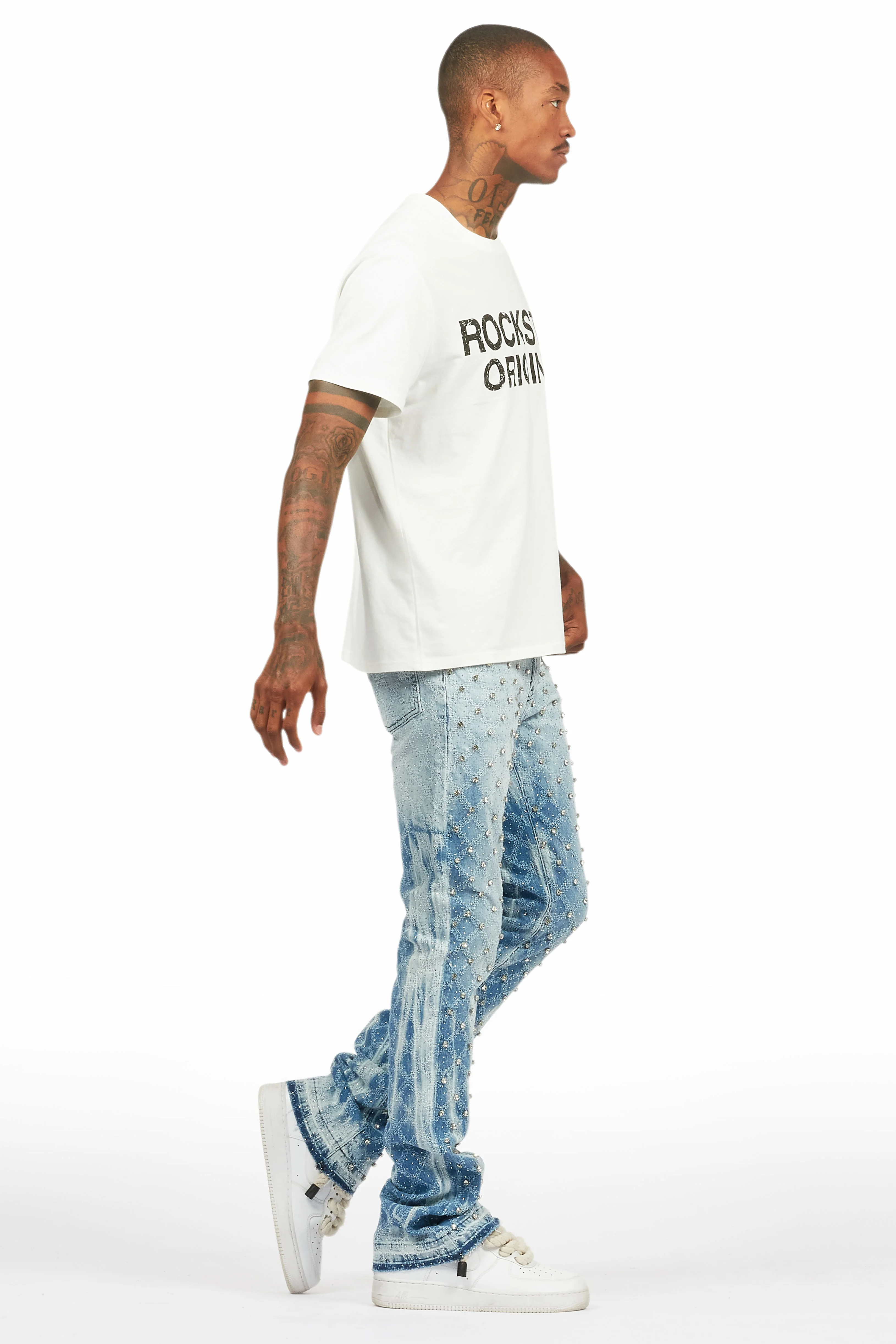 Glit Blue Rhinestone Stacked Flare Jean - Image 4